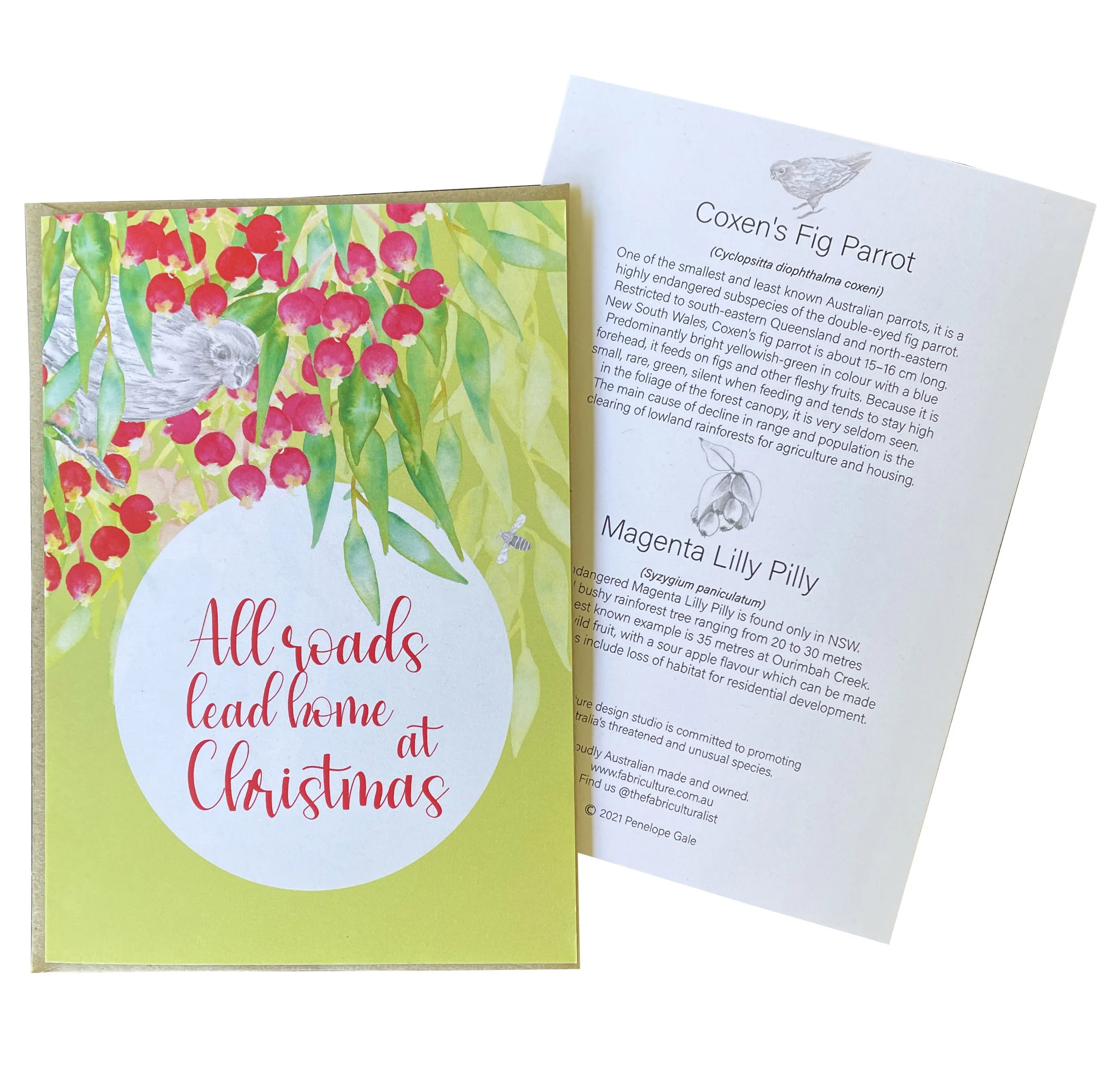 Australian Botanical Christmas Card - Magenta Lilly Pilly with Coxen's Fig Parrot