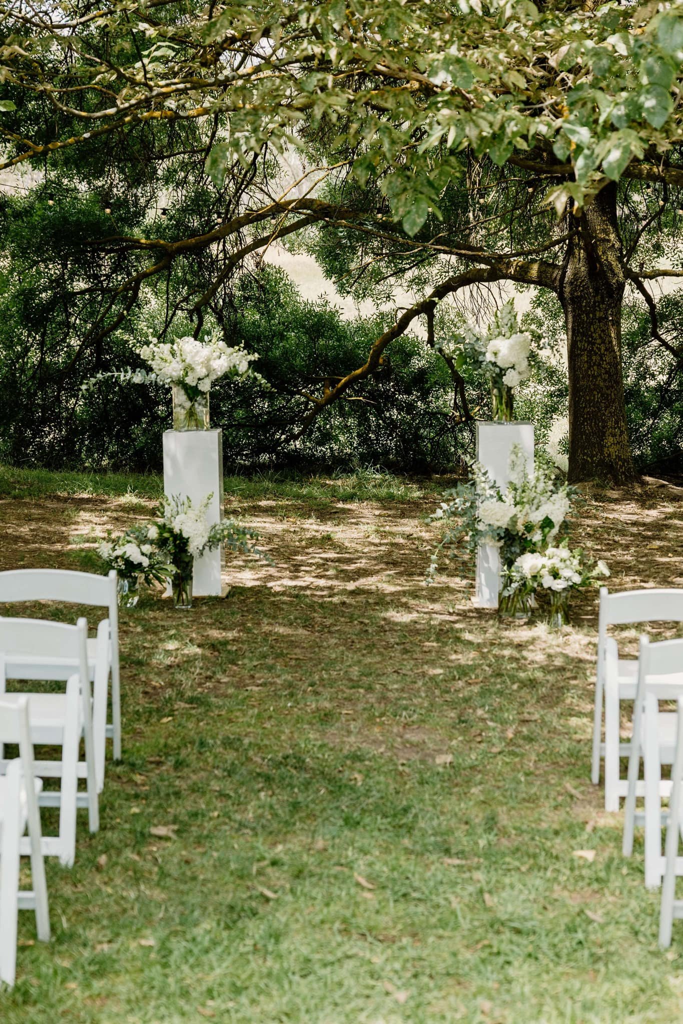 Outdoor wedding setup under a tree with white chairs and flower arrangements.