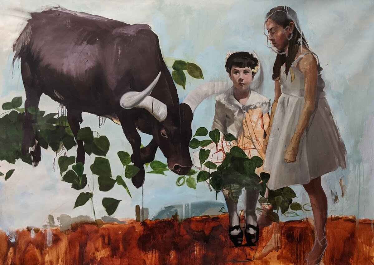 “Family Portrait” 60x80 on canvas. Caitlin uses oil paints to create her rich canvases.