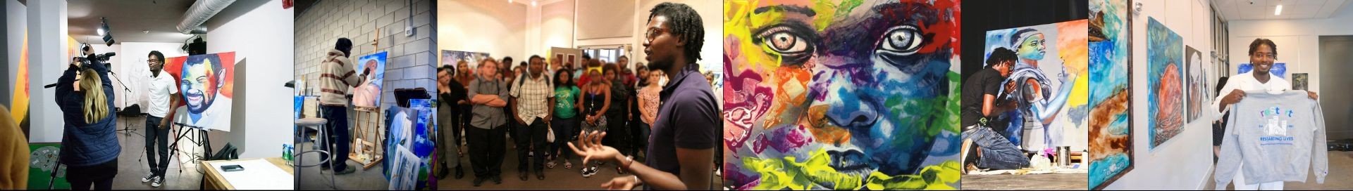 A panoramic montage documenting Daniel Montoute’s decade of practice, including live painting, academic lecturing at Middle Georgia State University, and large-scale studio production