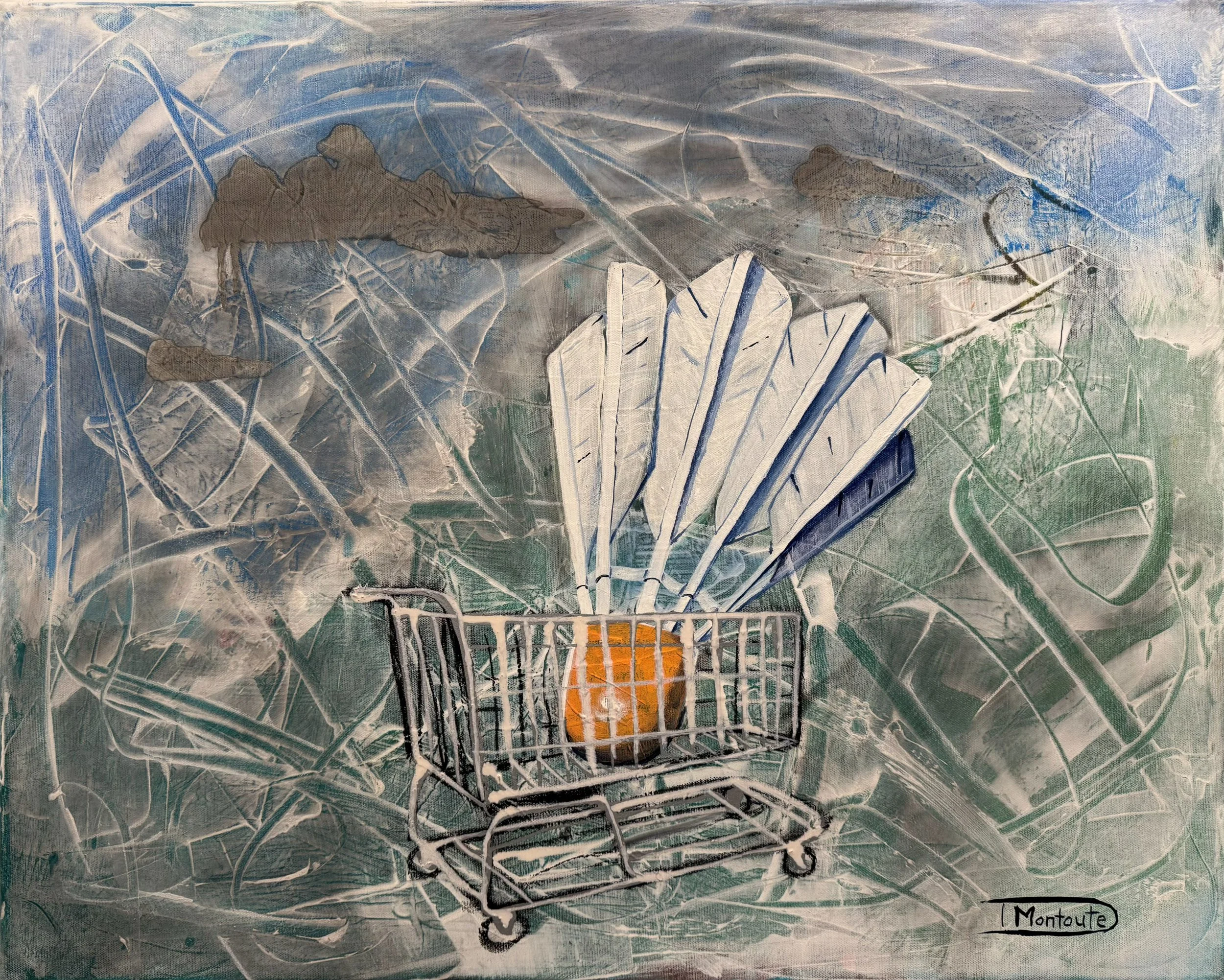 Displacement by Daniel Montoute. A 24x36 painting from the 'Living in Tents' exhibition at Westwood City Hall. A Kansas City shuttlecock sits in a shopping cart, symbolizing the tension between civic landmarks and urban displacement.