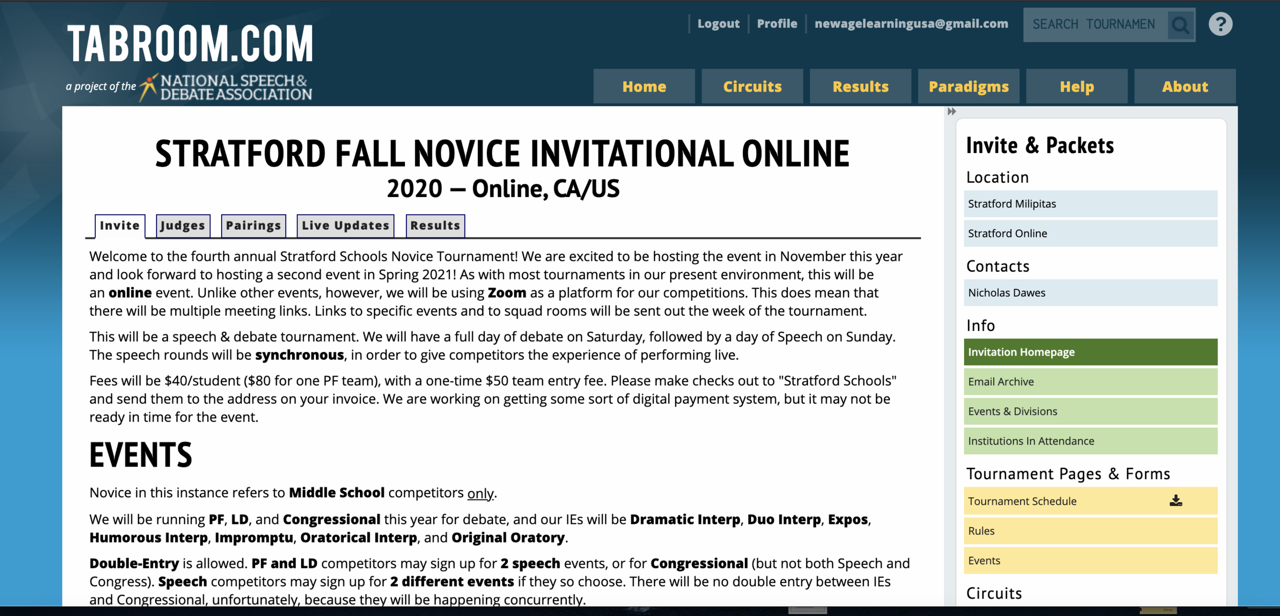 2020 STRATFORD FALL NOVICE INVITATIONAL ONLINE