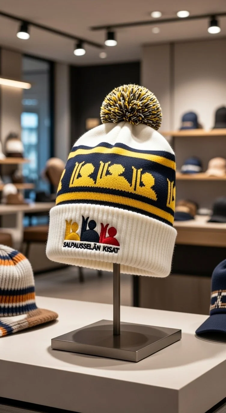 Kustomoitu valkoinen tupsupipo yritykselle / Custom pom beanie