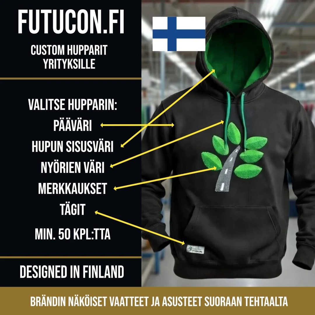 Kustomoitu huppari. Kustomoi nyörit, merkkaukset, niskalaput, huppu, raidat