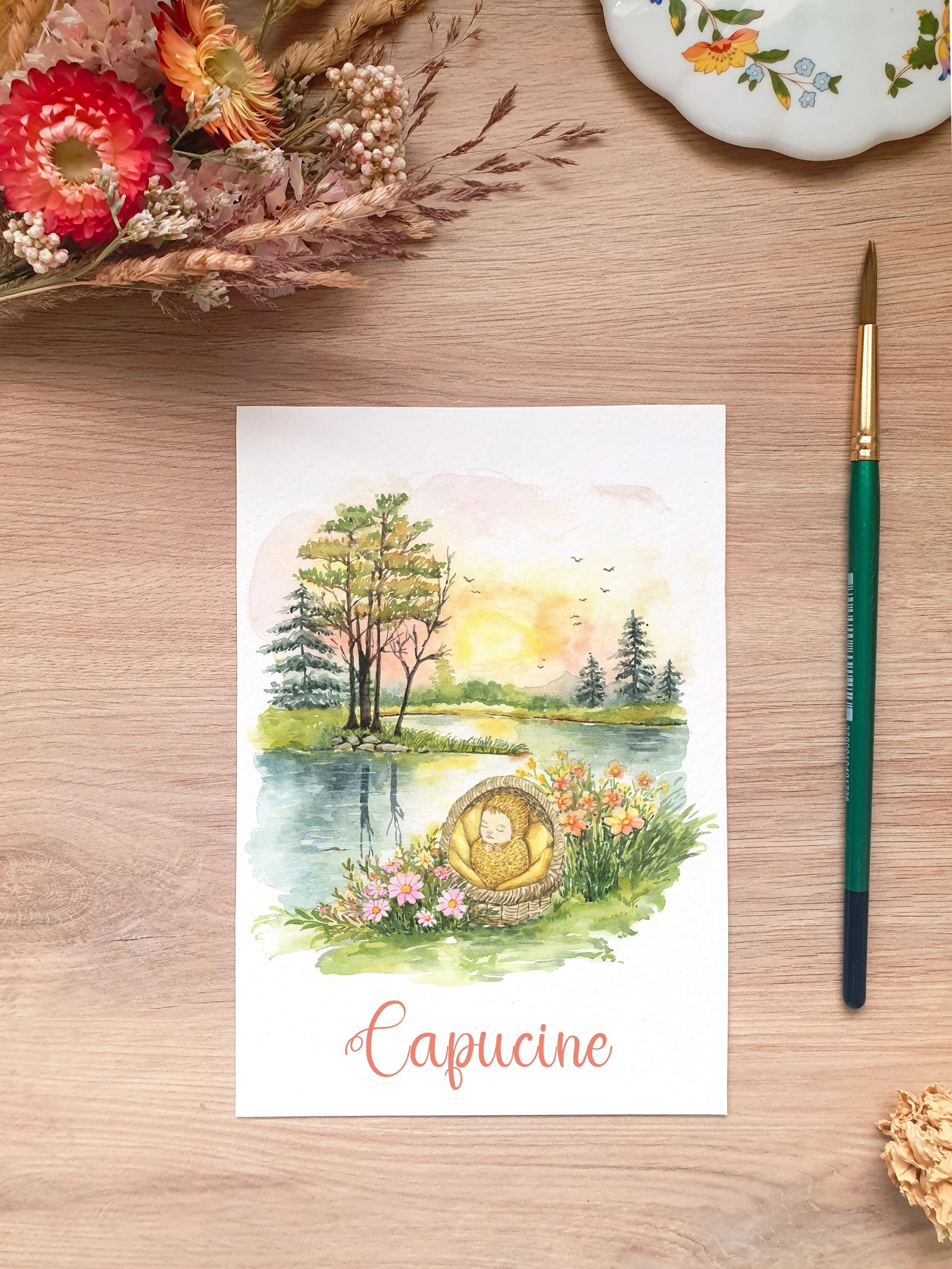 Faire-part de naissance aquarelle original bébé mignon endormi prairie florale