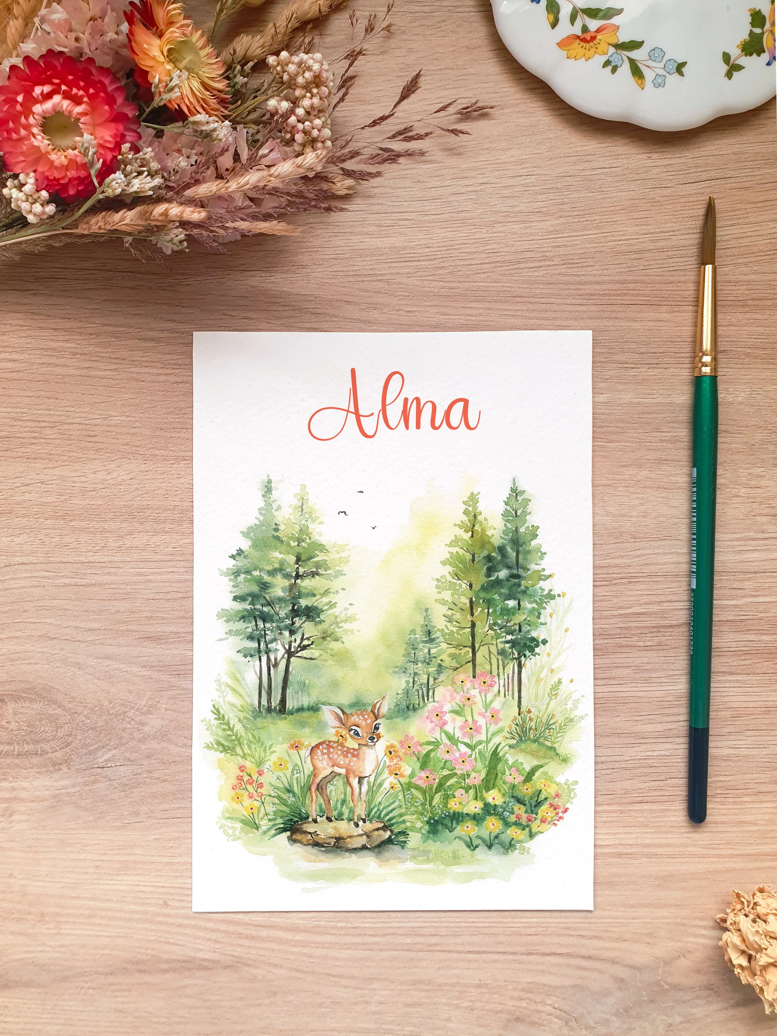 faire part de naissance aquarelle originale bébé faon mignon prairie fleurie