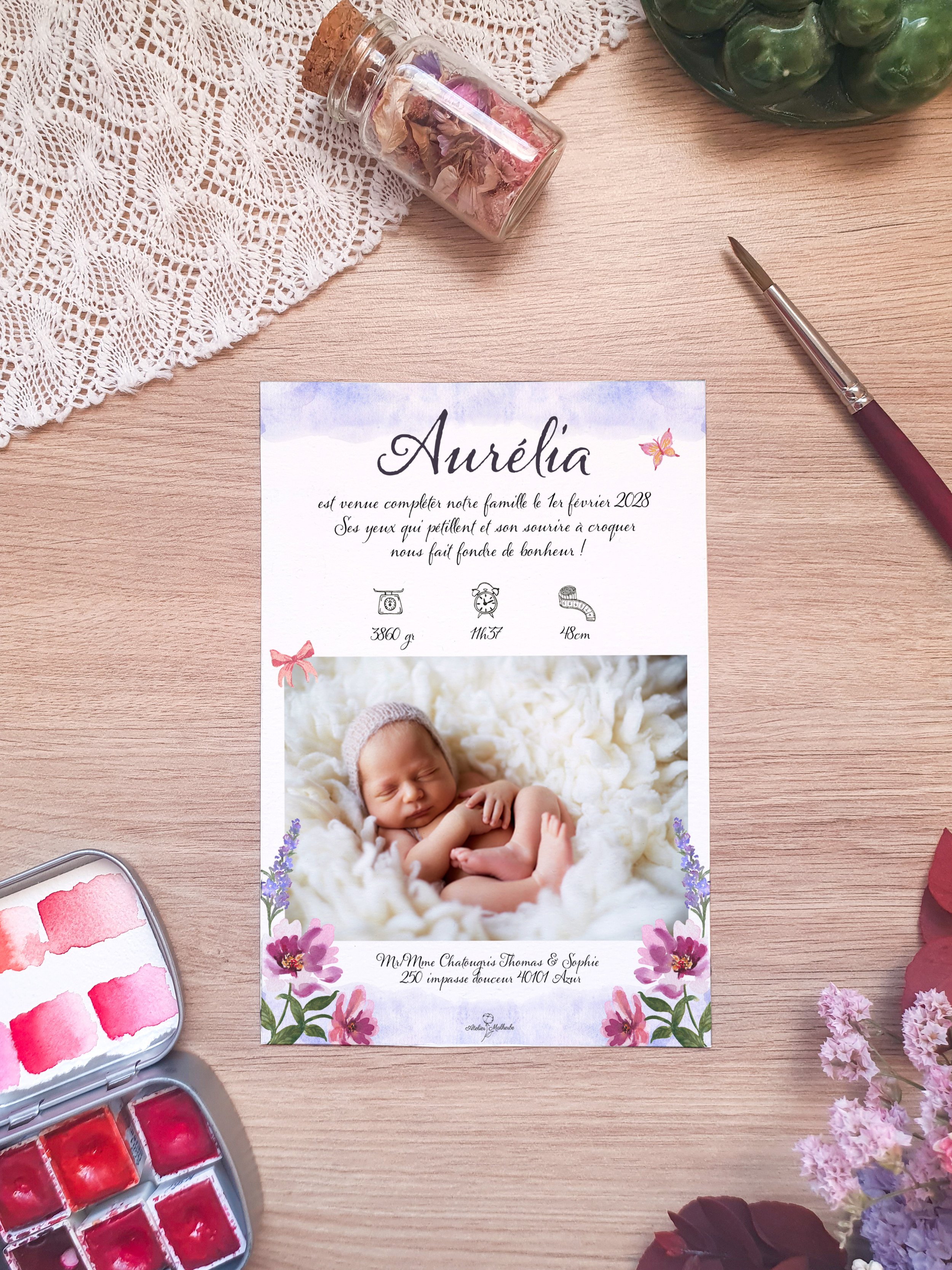Faire-part de naissance aquarelle bébé chaton mignon
