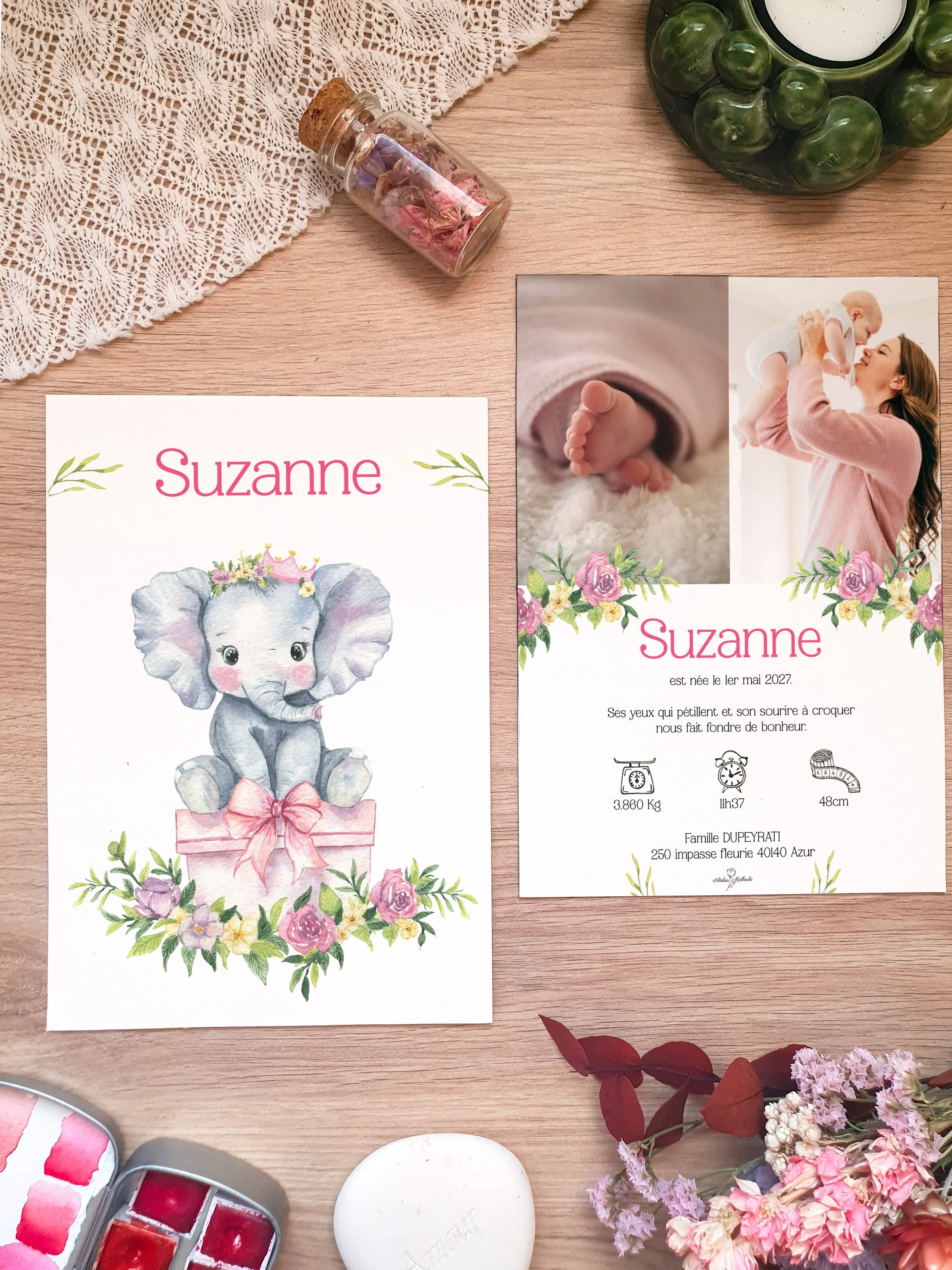 faire part de naissance aquarelle original bébé éléphant mignon