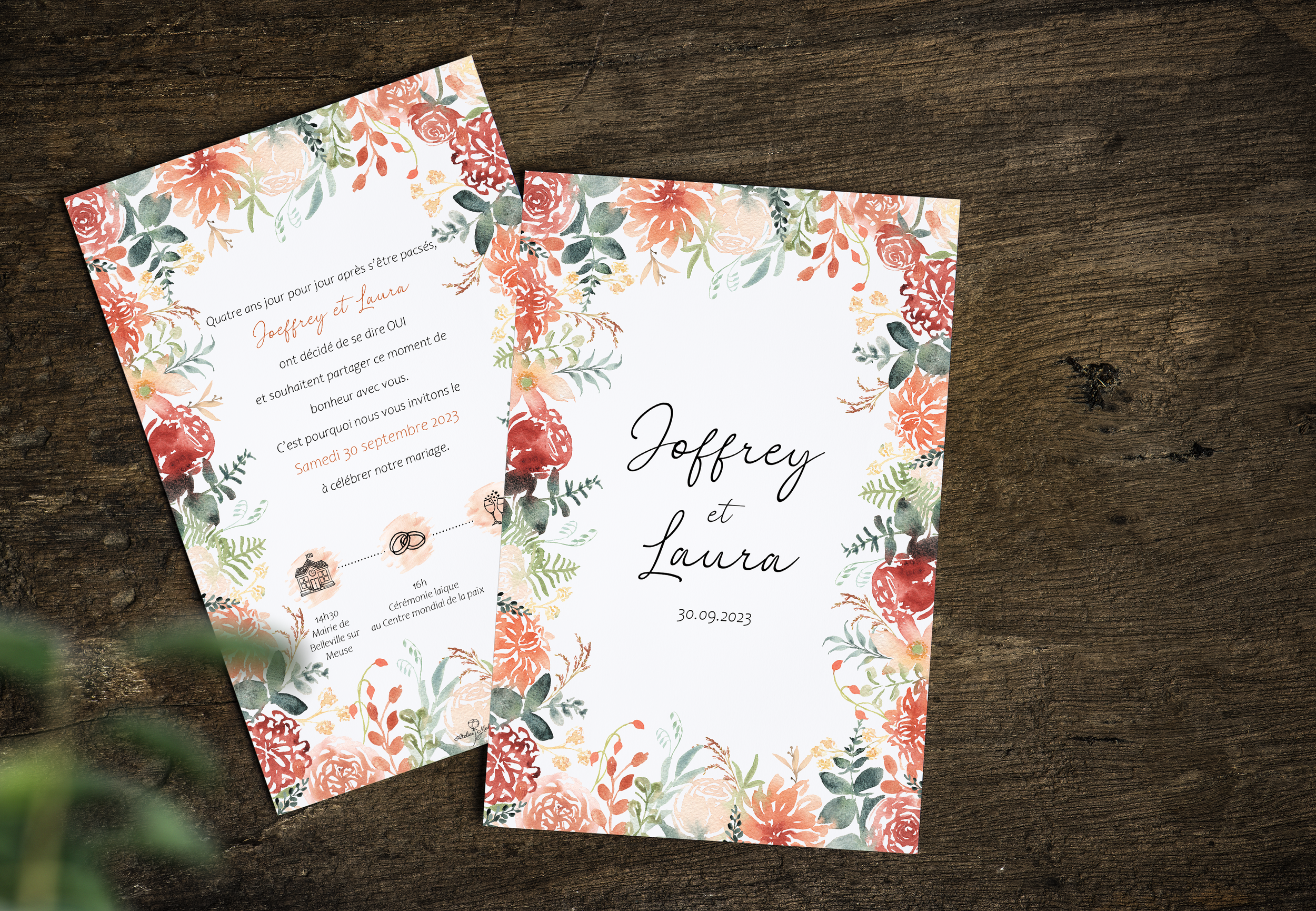 Faire part de mariage aquarelle terracotta fleuri