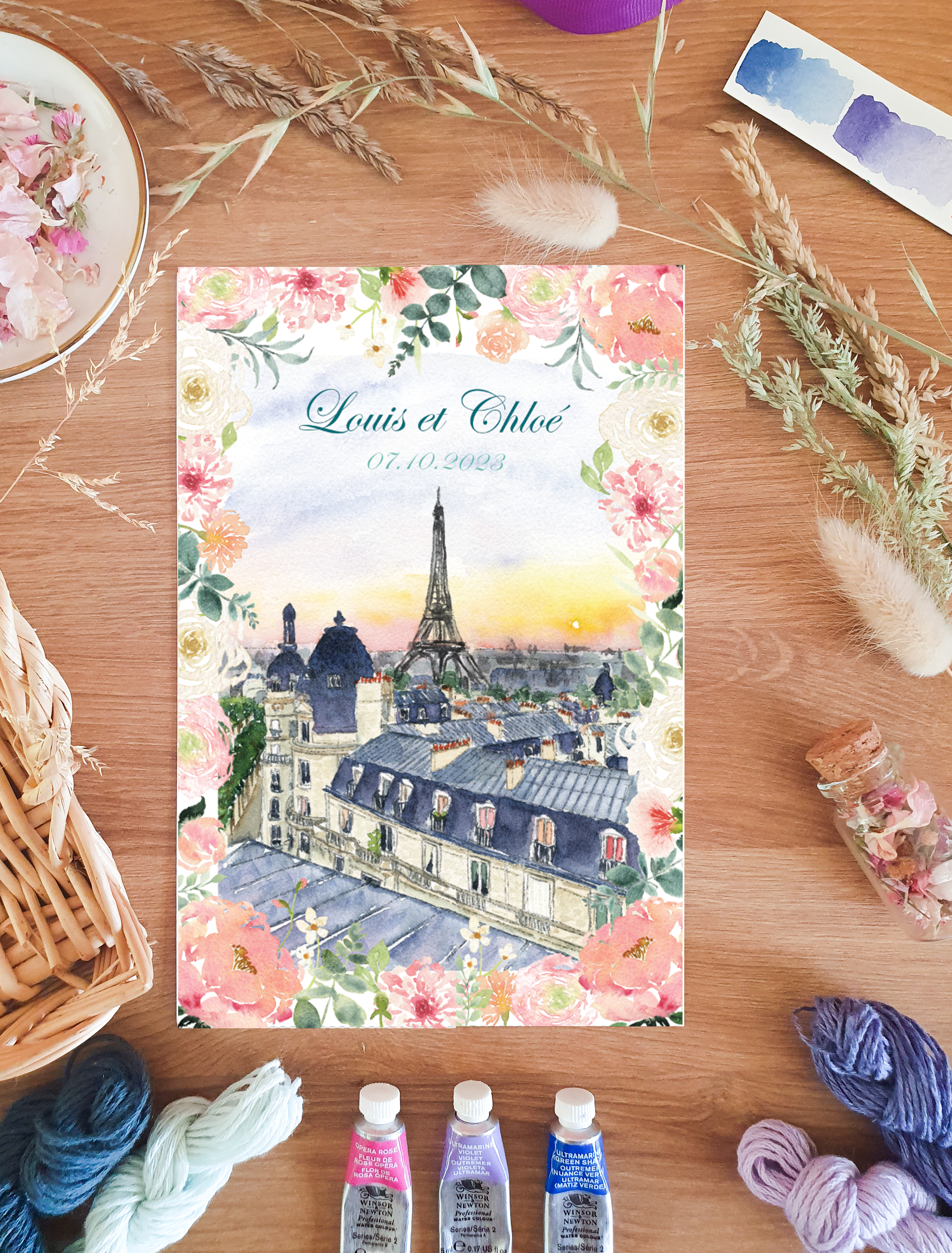 Faire part mariage aquarelle les toits de Paris