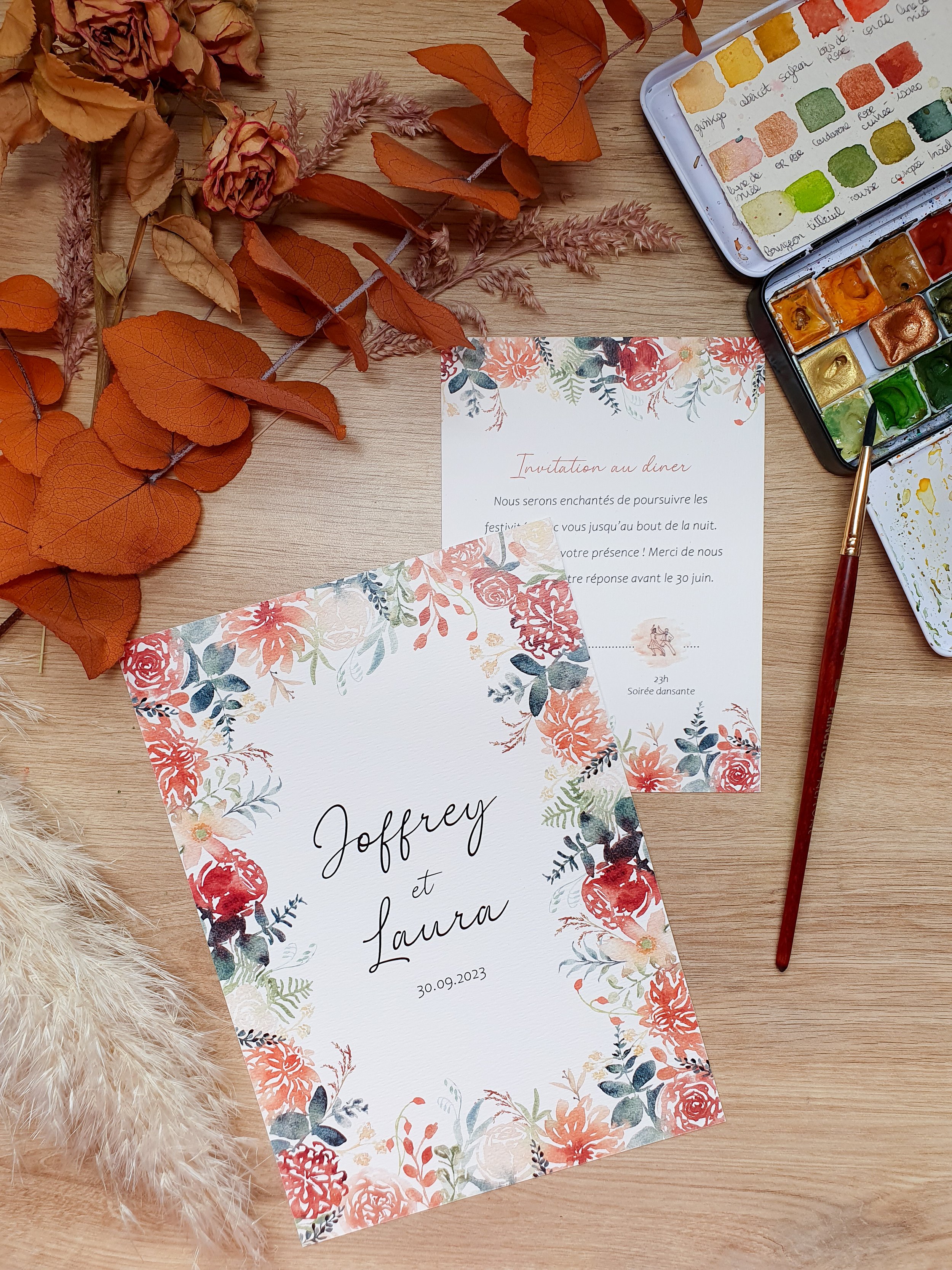 Faire part de mariage aquarelle automne terracotta