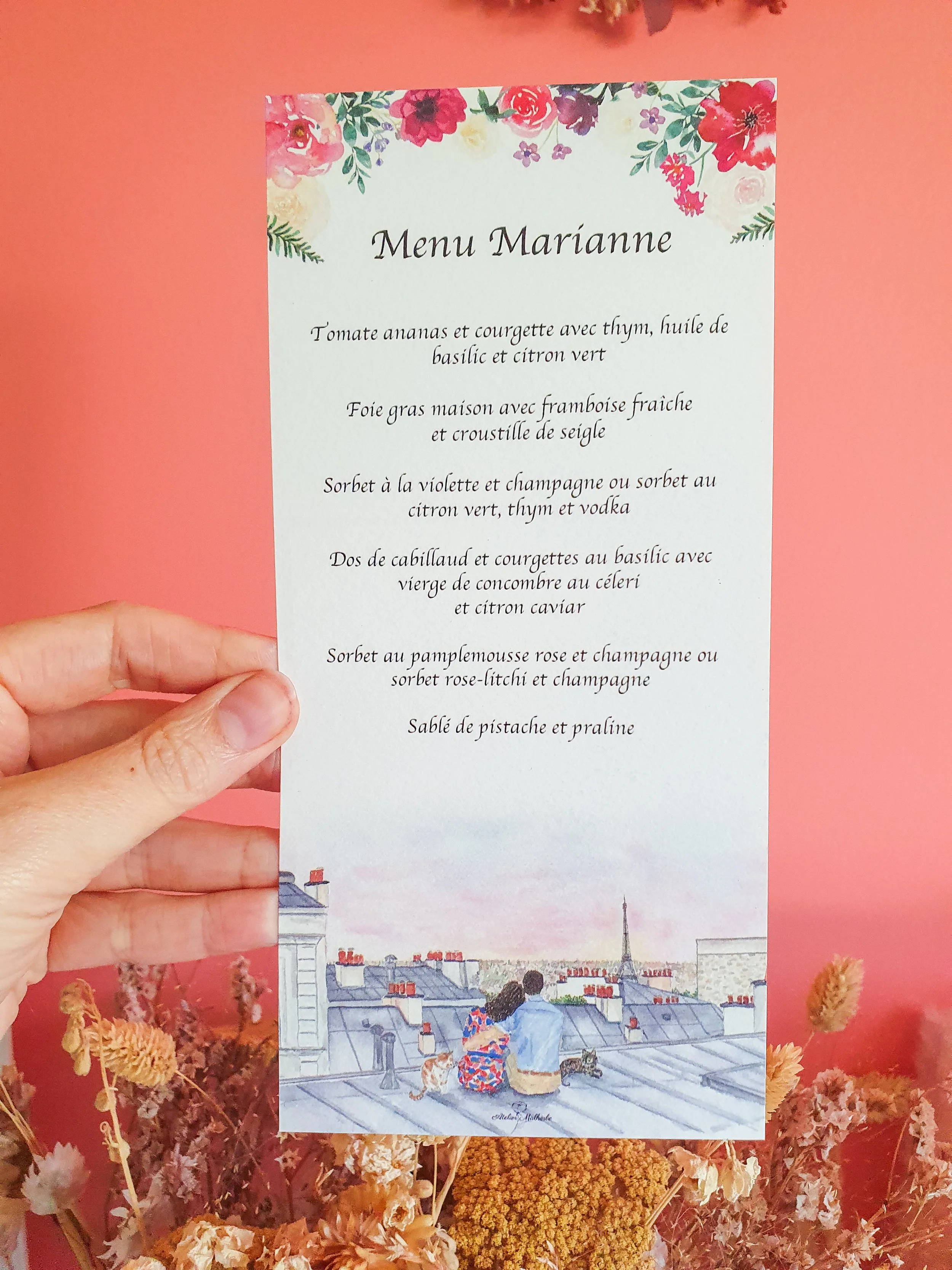 Menu personnalisé à l'aquarelle toit de Paris