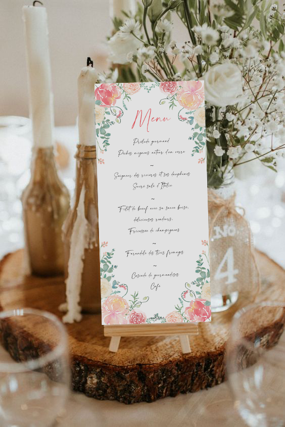 Menu aquarelle mariage romantique et fleuri
