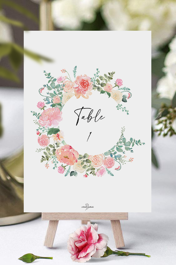 Numéro de table bouquet aquarelle mariage romantique