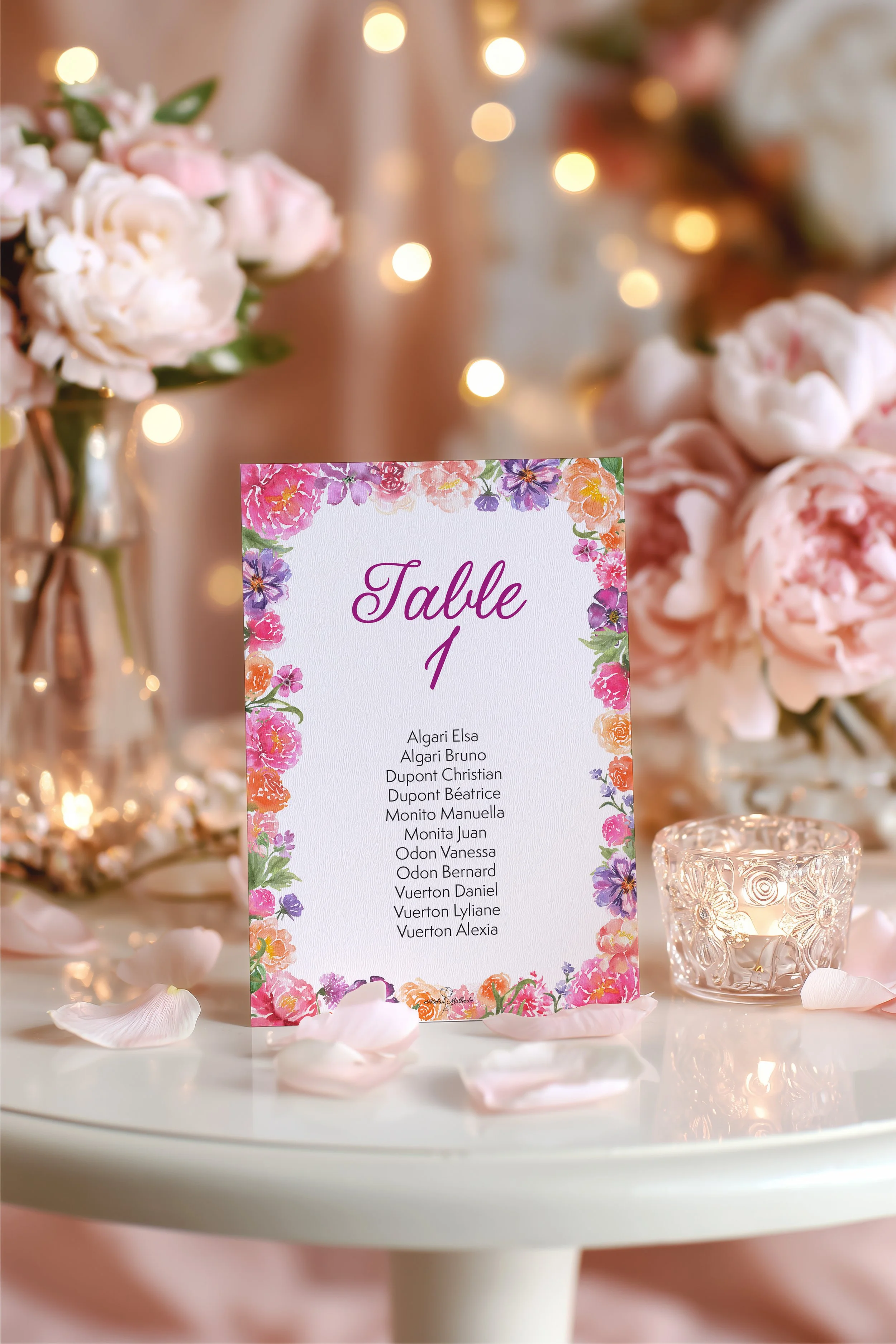 Papeterie-Mariage-Aquarelle_Numéro-de-table-fleurs rose fuchsia orange