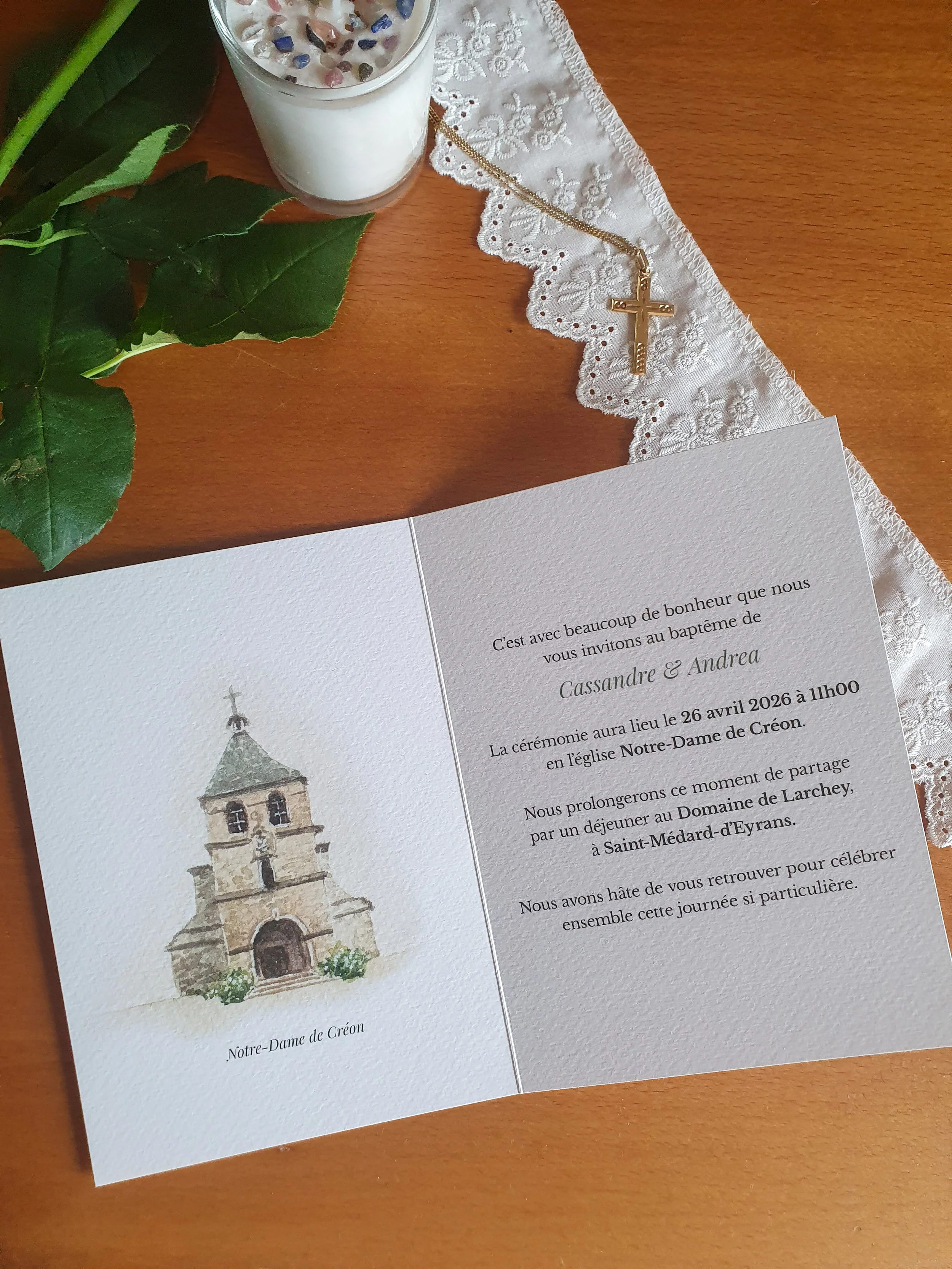 Livret Faire part de baptême personnalisé l'aquarelle avec l'église