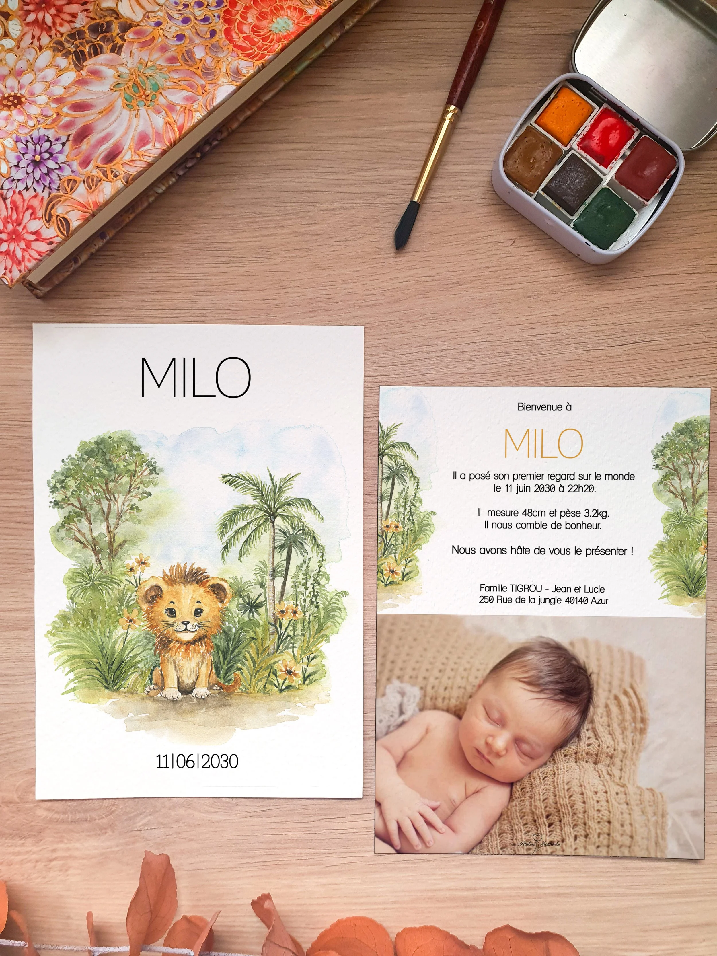 Faire-part de naissance aquarelle bébé lion mignon