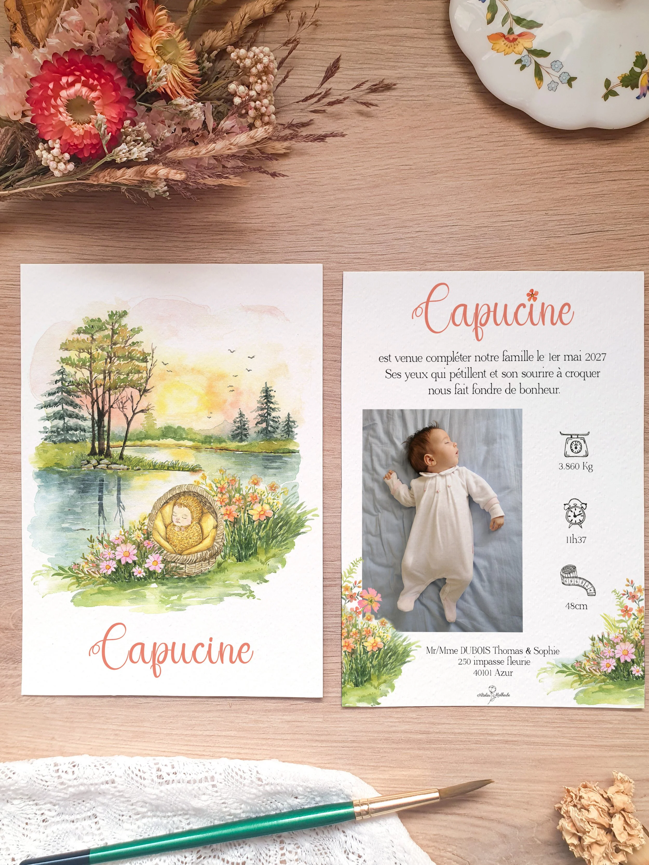 Faire-part de naissance aquarelle original bébé mignon endormi prairie florale