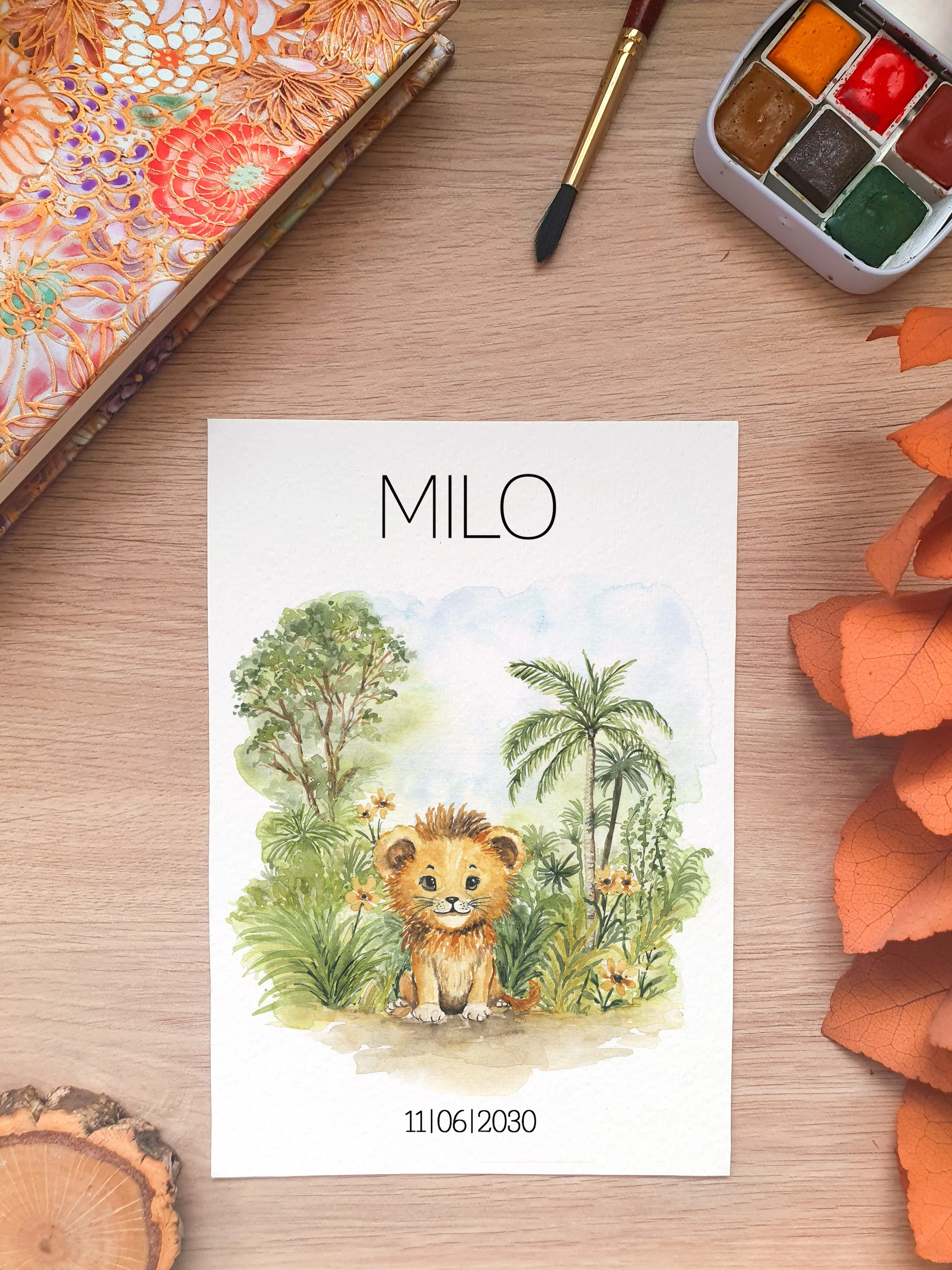 Faire-part de naissance aquarelle bébé lion mignon