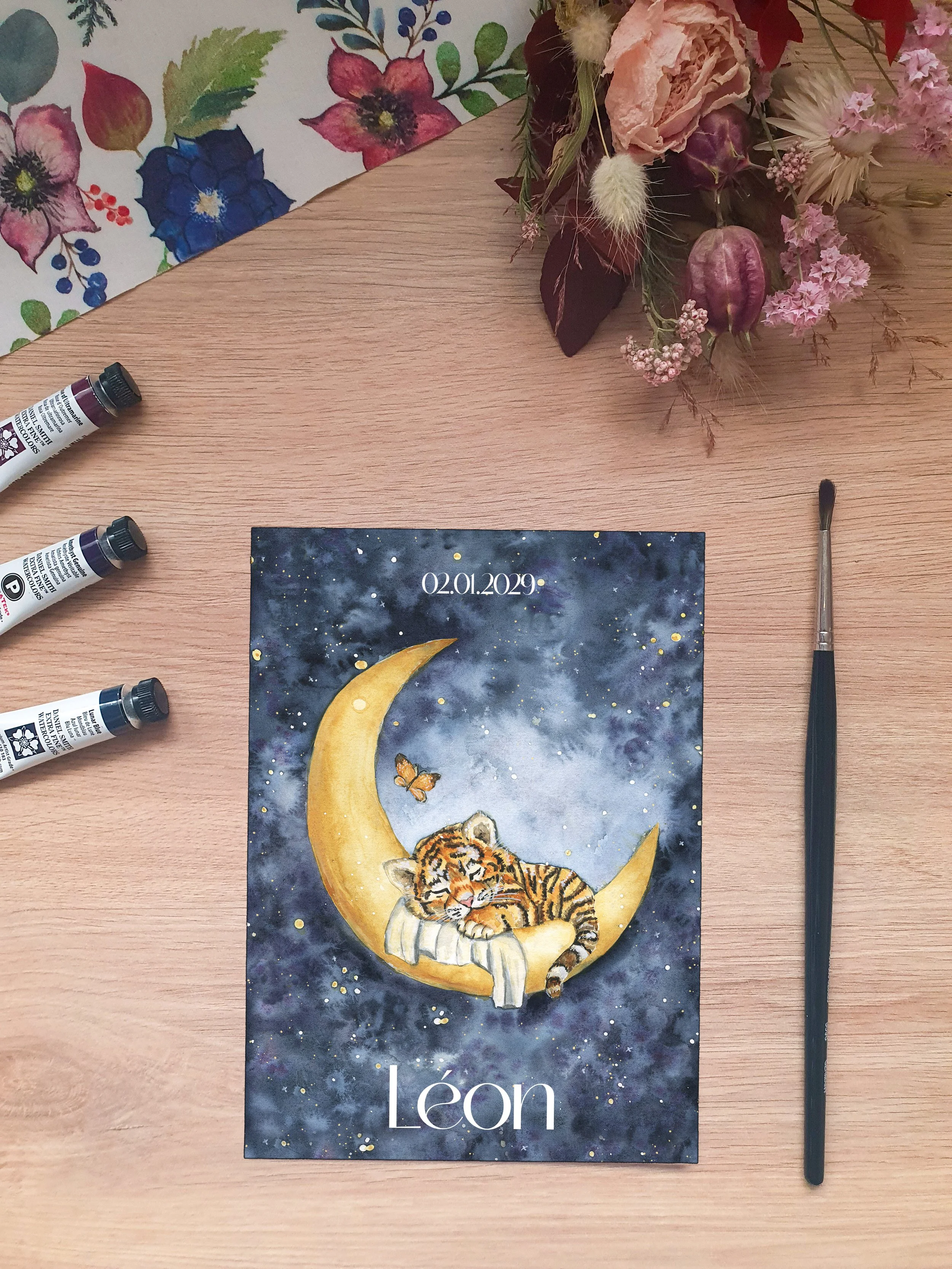 faire part de naissance aquarelle original bébé tigre mignon endormi sur la lune