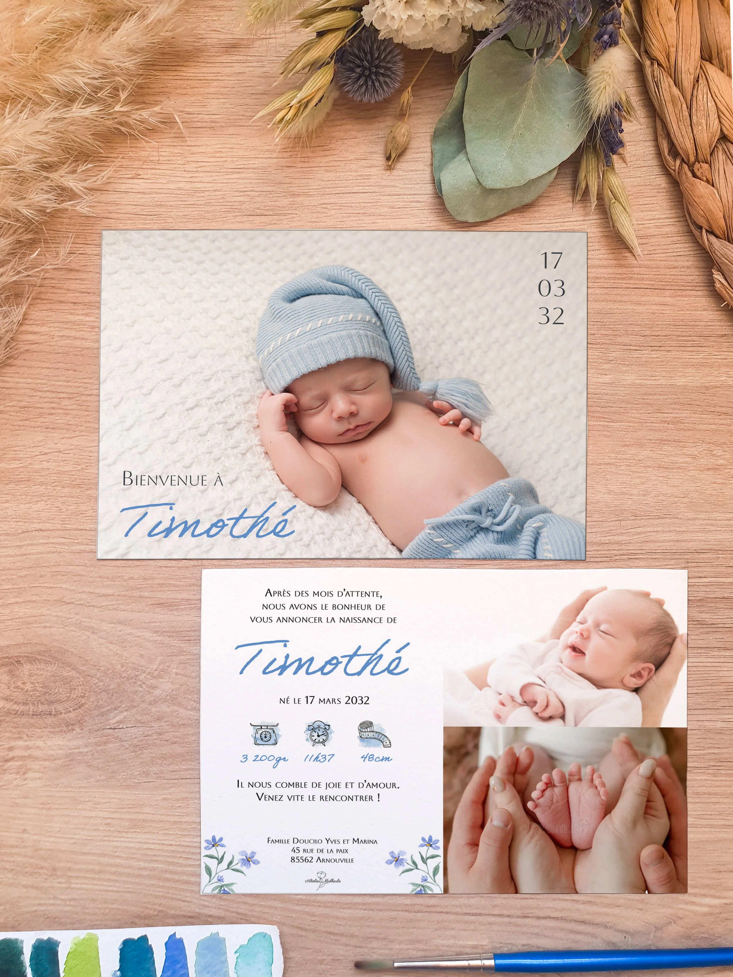 Faire-part de naissance aquarelle minimaliste et moderne avec photo