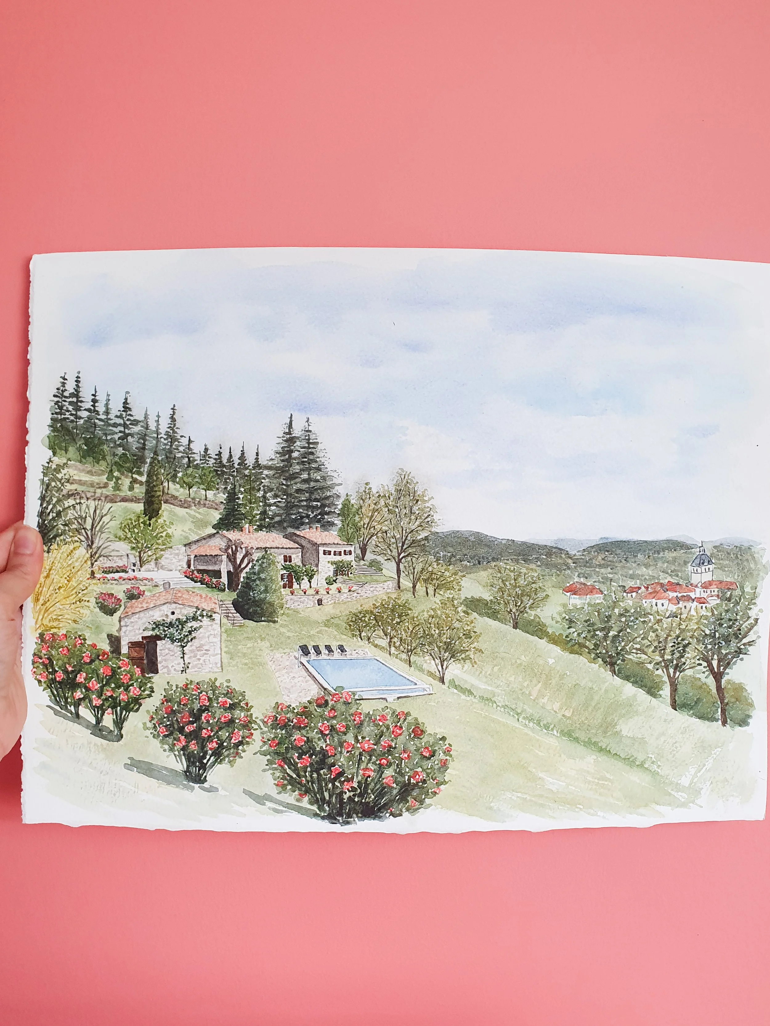 Maison de famille, lieu de réception personnalisé à l'aquarelle