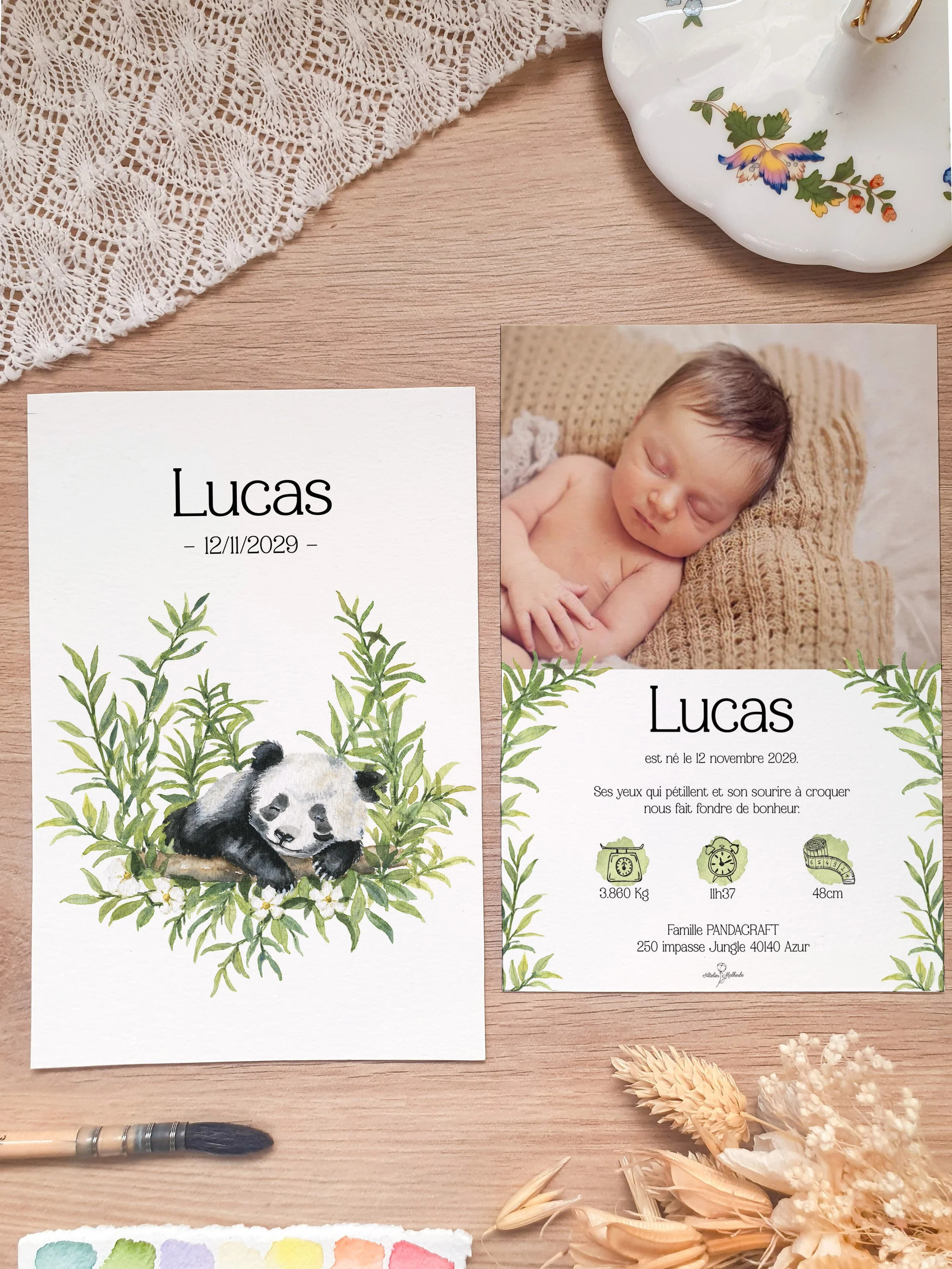 faire part de naissance aquarelle original bébé panda mignon