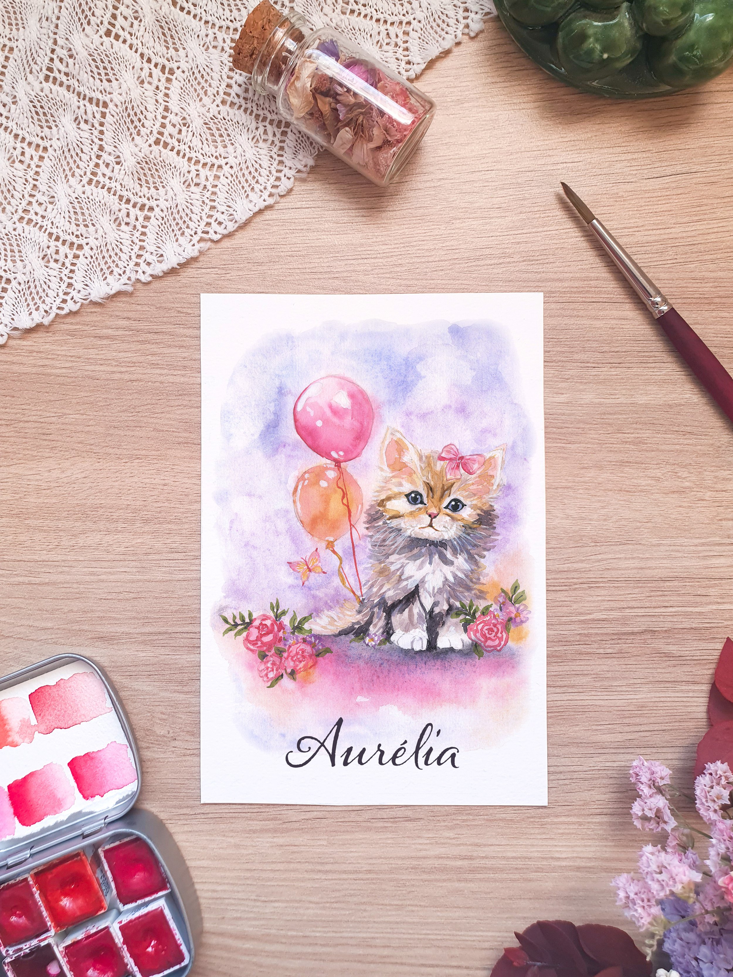 Faire-part de naissance aquarelle bébé chaton mignon