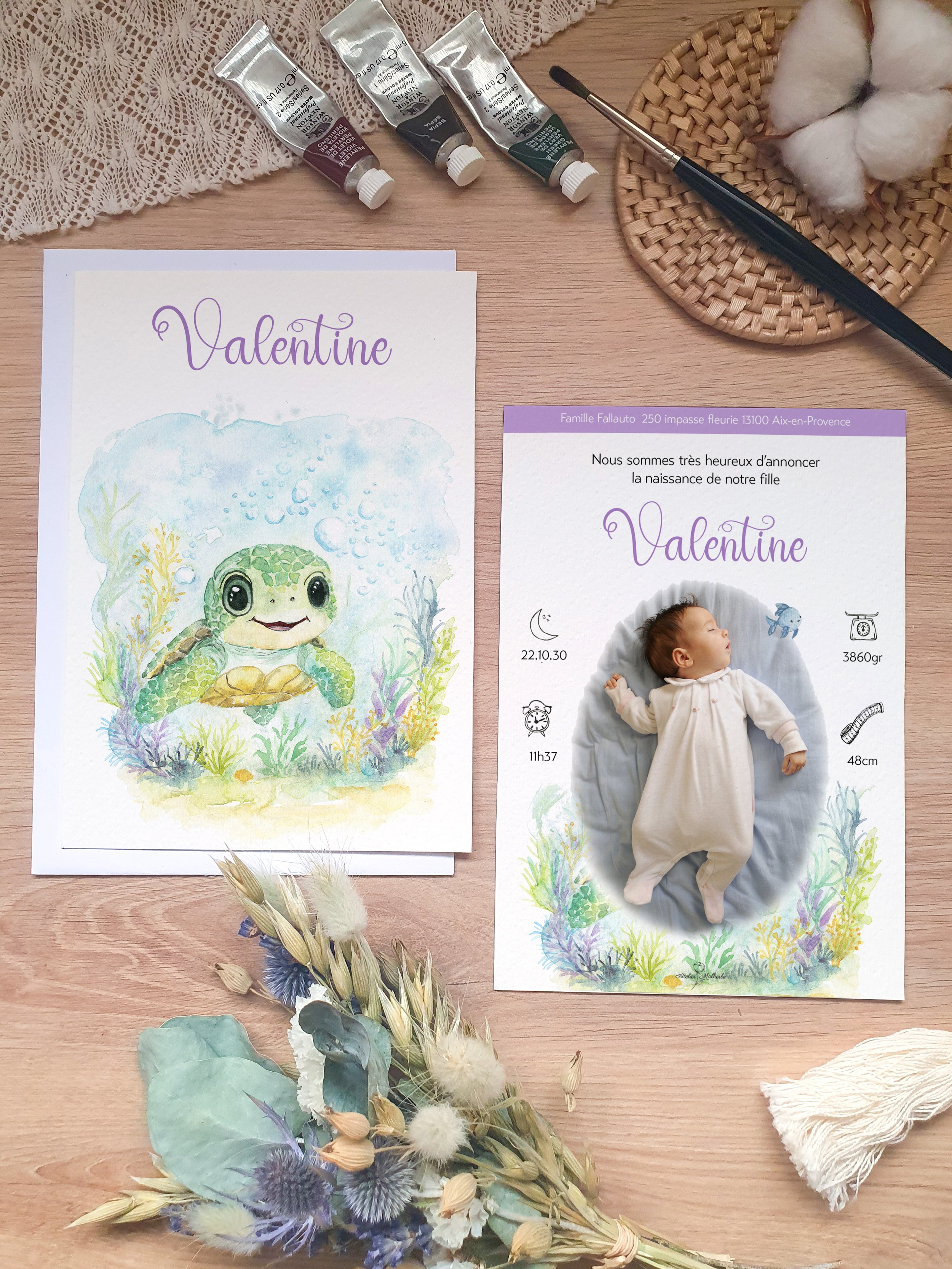 faire part de naissance aquarelle originale bébé tortue mignon