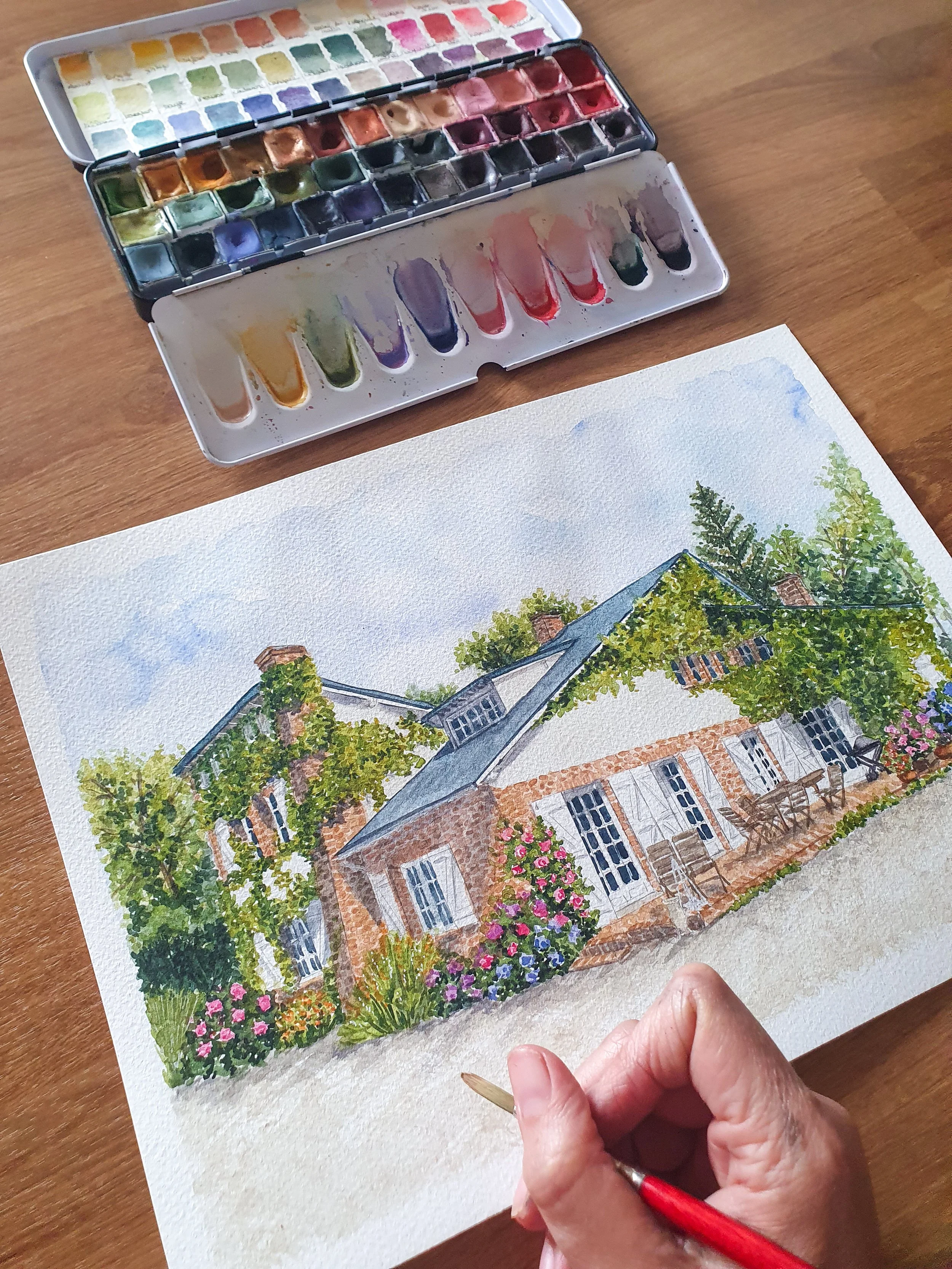 Maison de famille, lieu de réception personnalisé à l'aquarelle