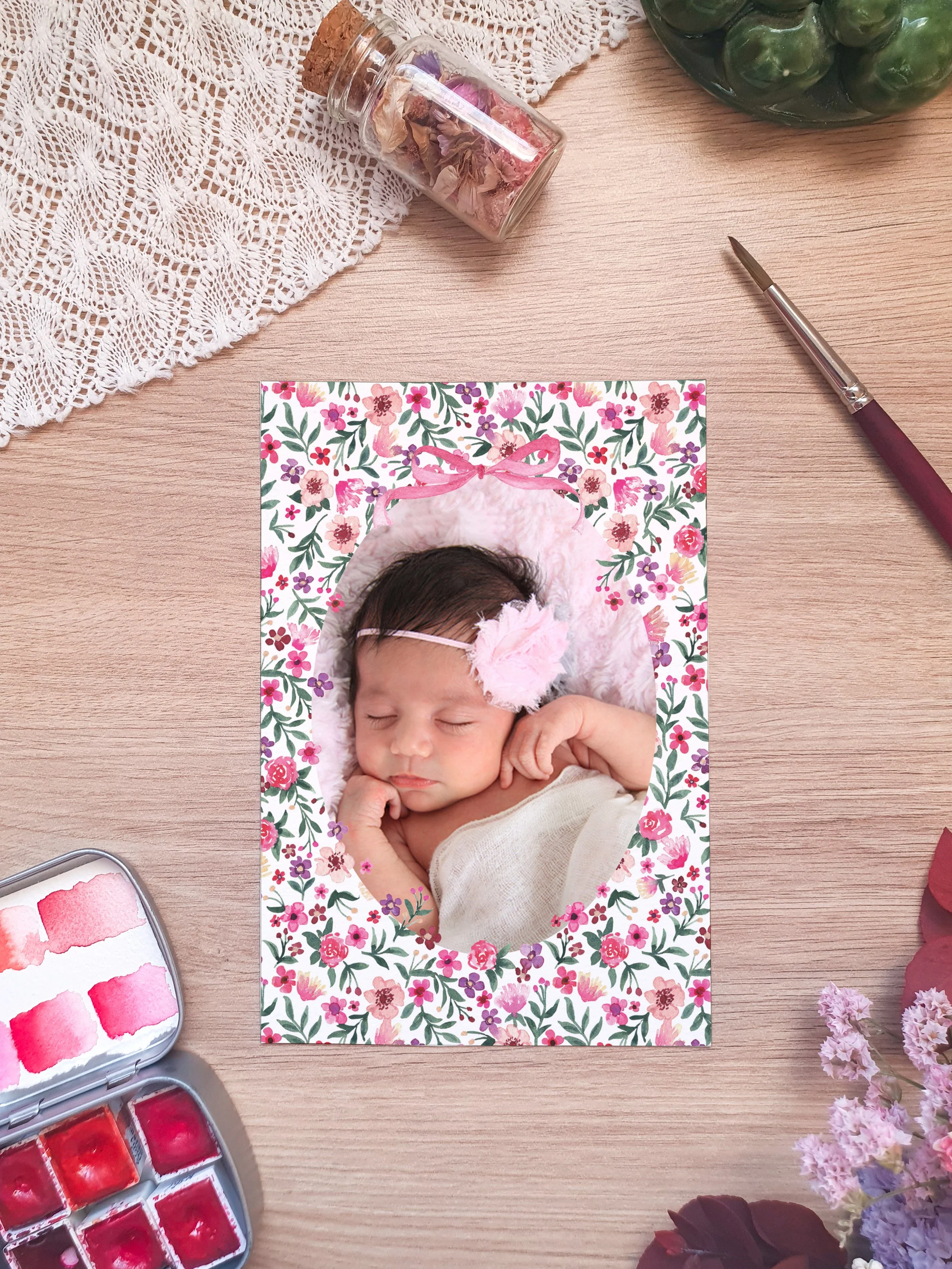 Faire-part de naissance aquarelle motif fleur rose délicat