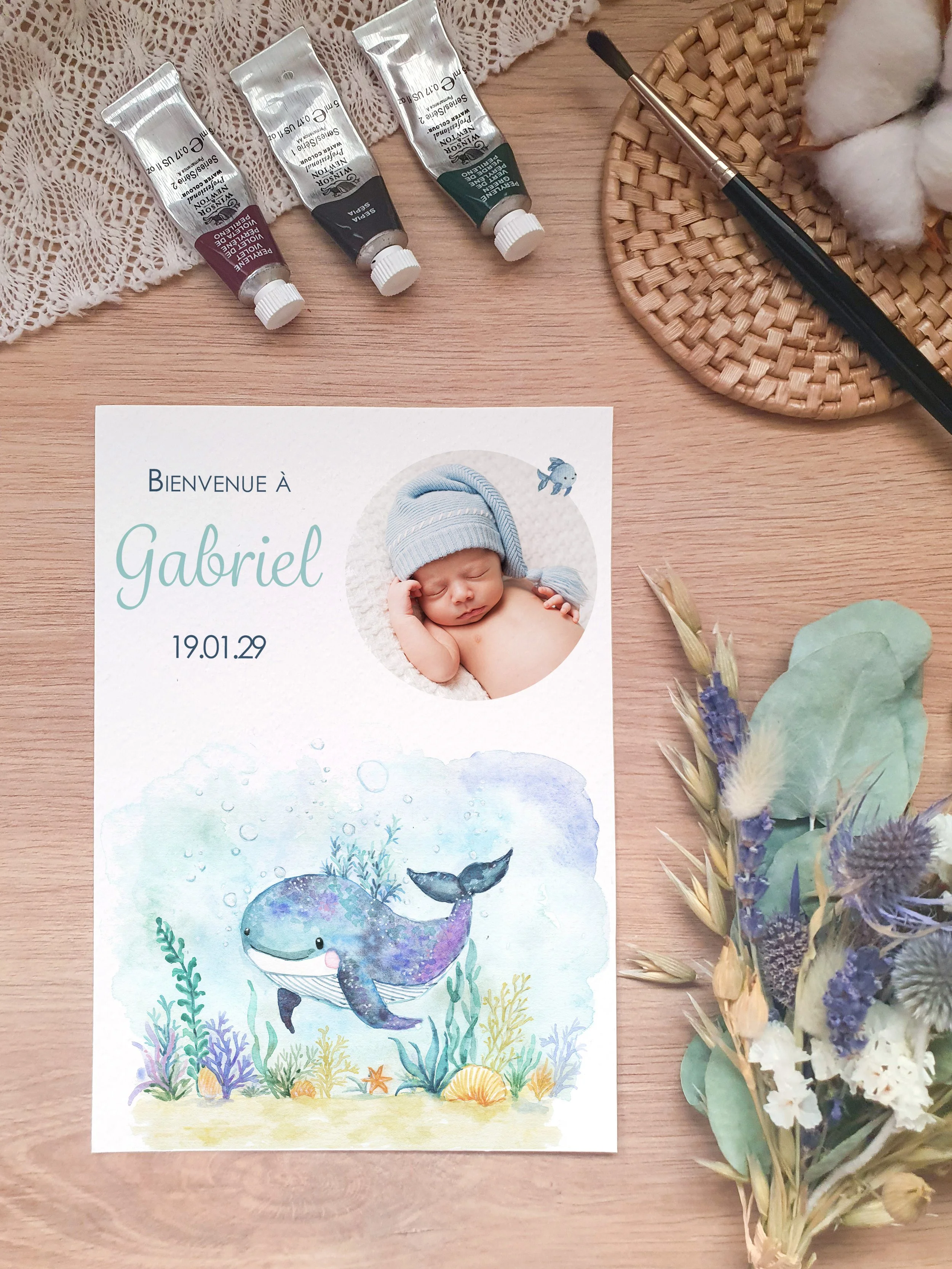 faire part de naissance aquarelle originale bébé baleine mignon