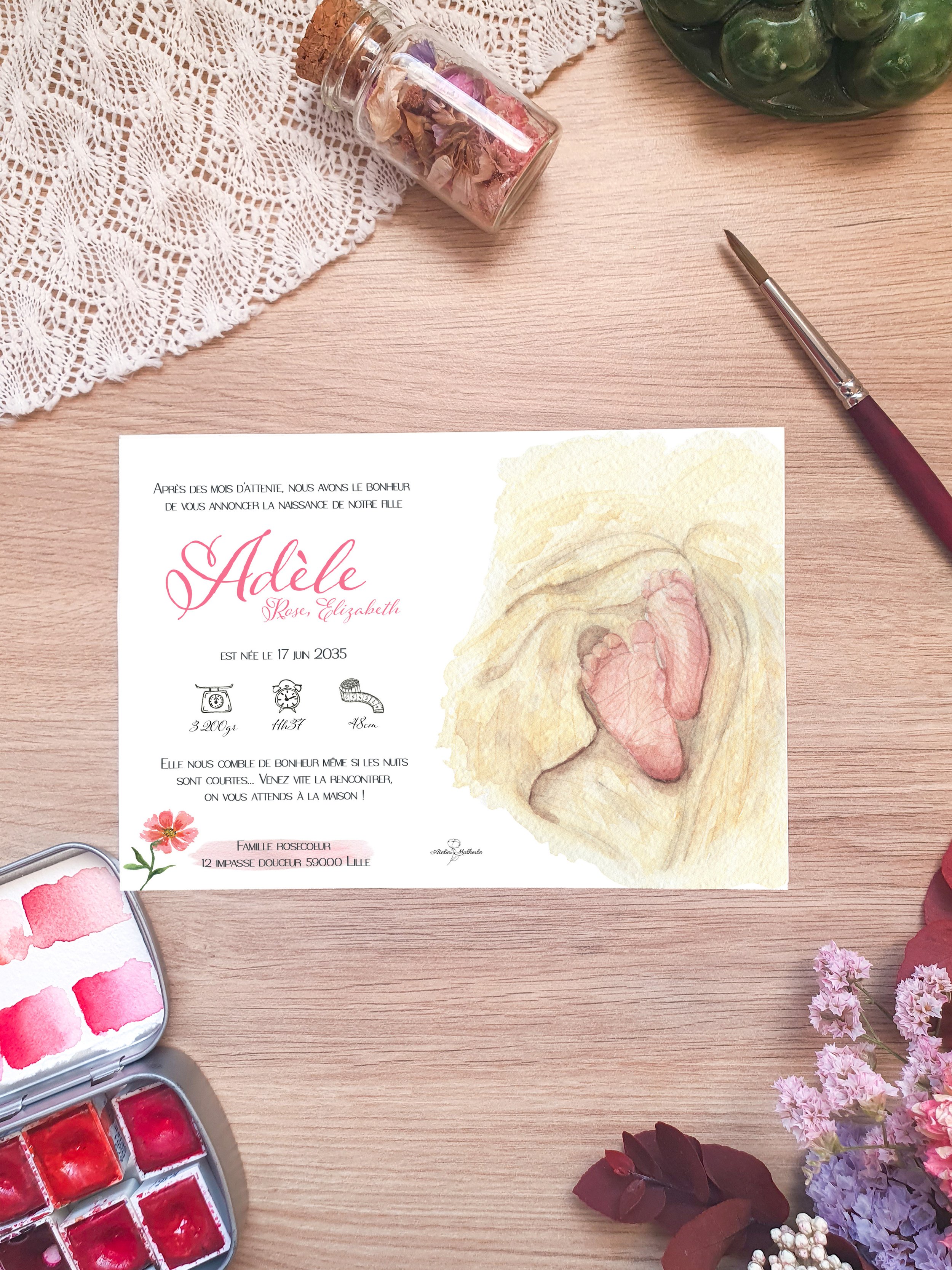 Faire-part de naissance aquarelle petits pieds et aquarelle douce