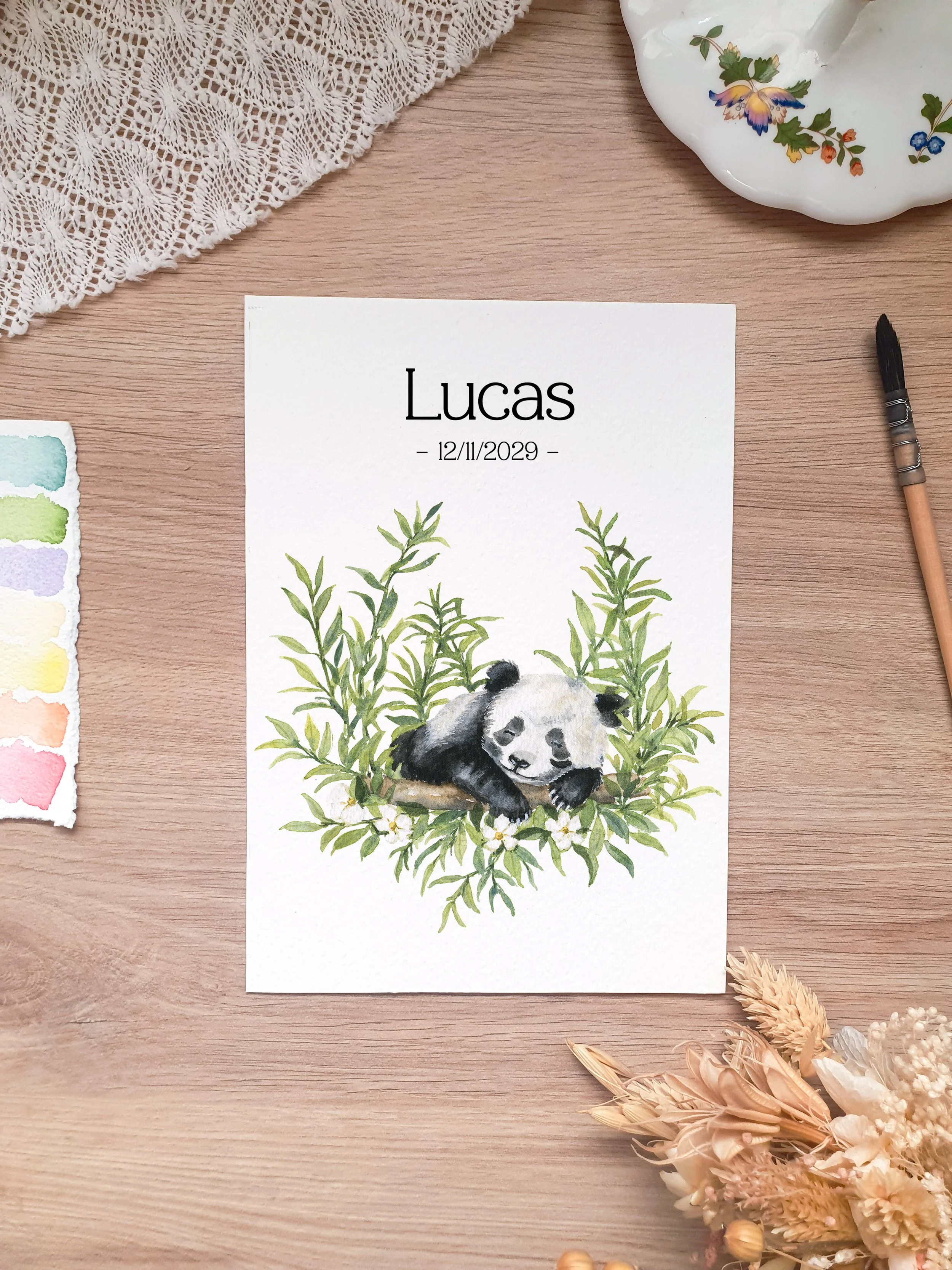 faire part de naissance aquarelle original bébé panda mignon