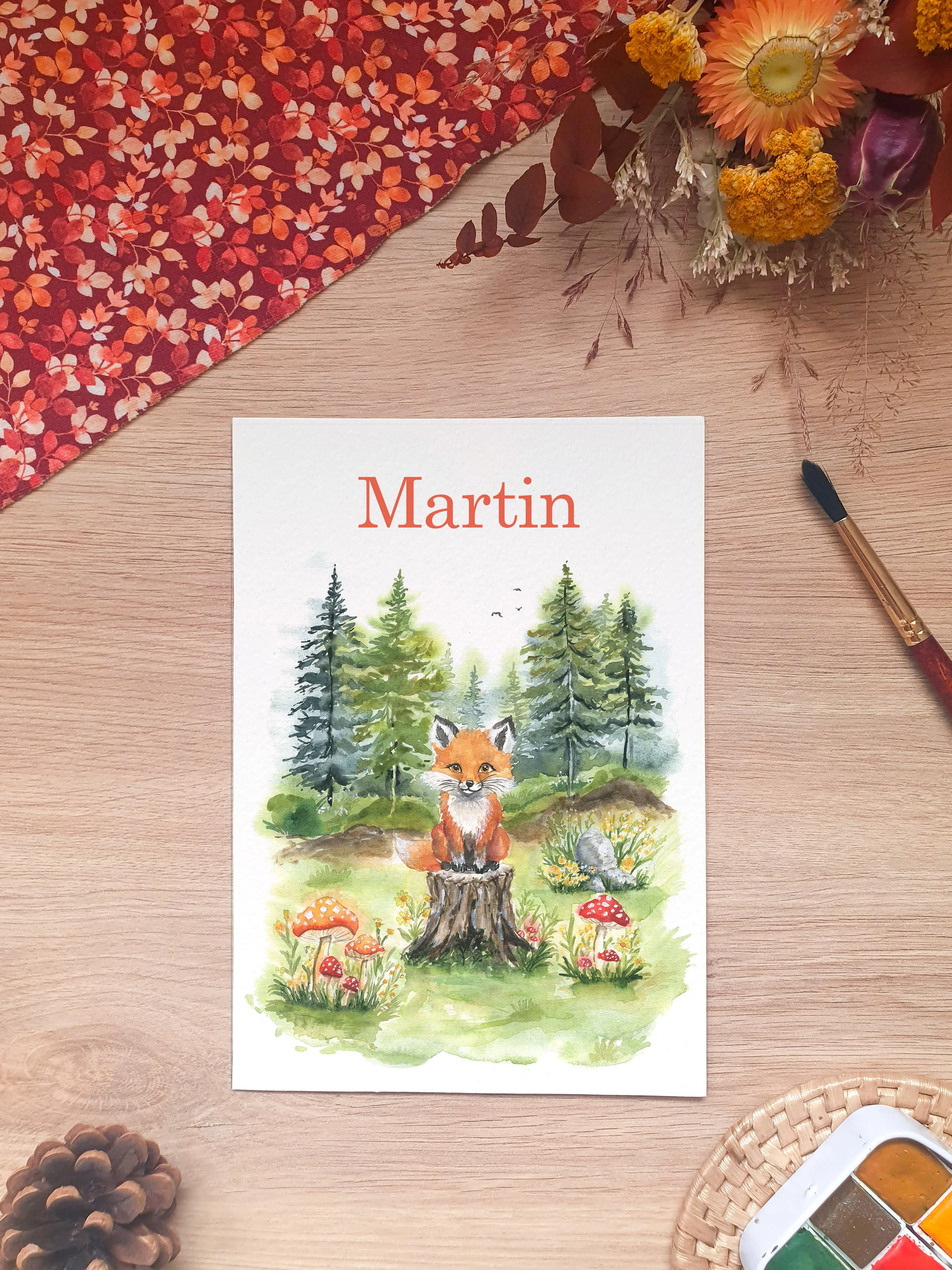 Faire-part de naissance aquarelle original bébé renard mignon dans la forêt