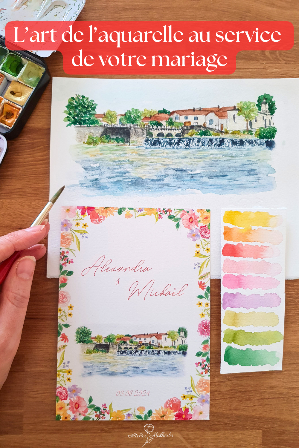 Papeterie de mariage élégante avec illustration florale artisanale