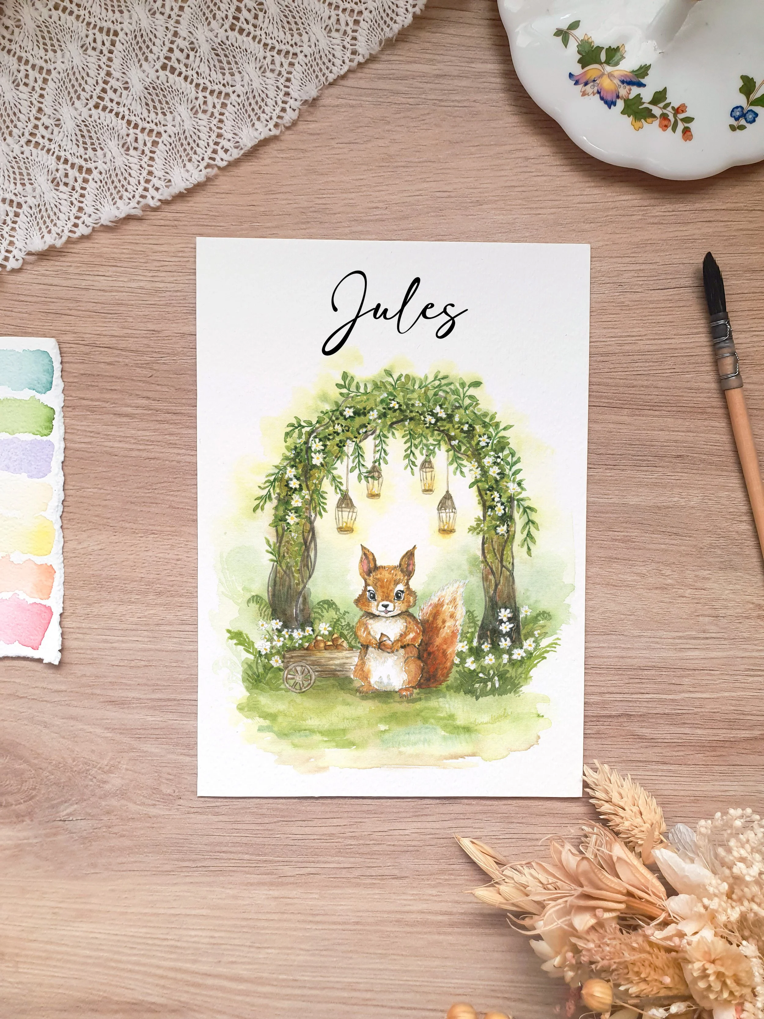 Faire-part de naissance aquarelle original bébé écureuil mignon sur la balancelle