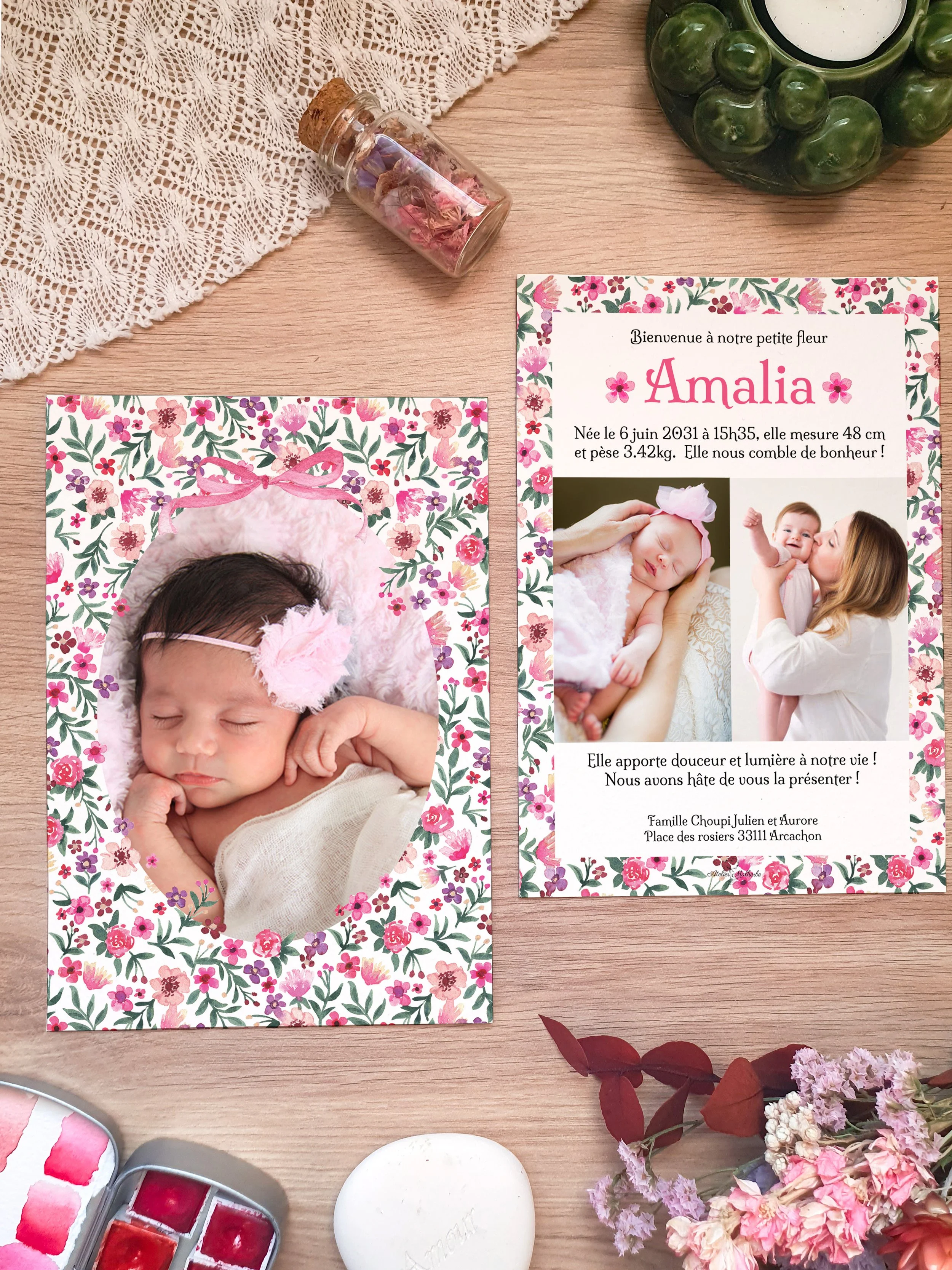 Faire-part de naissance aquarelle motif fleur rose délicat