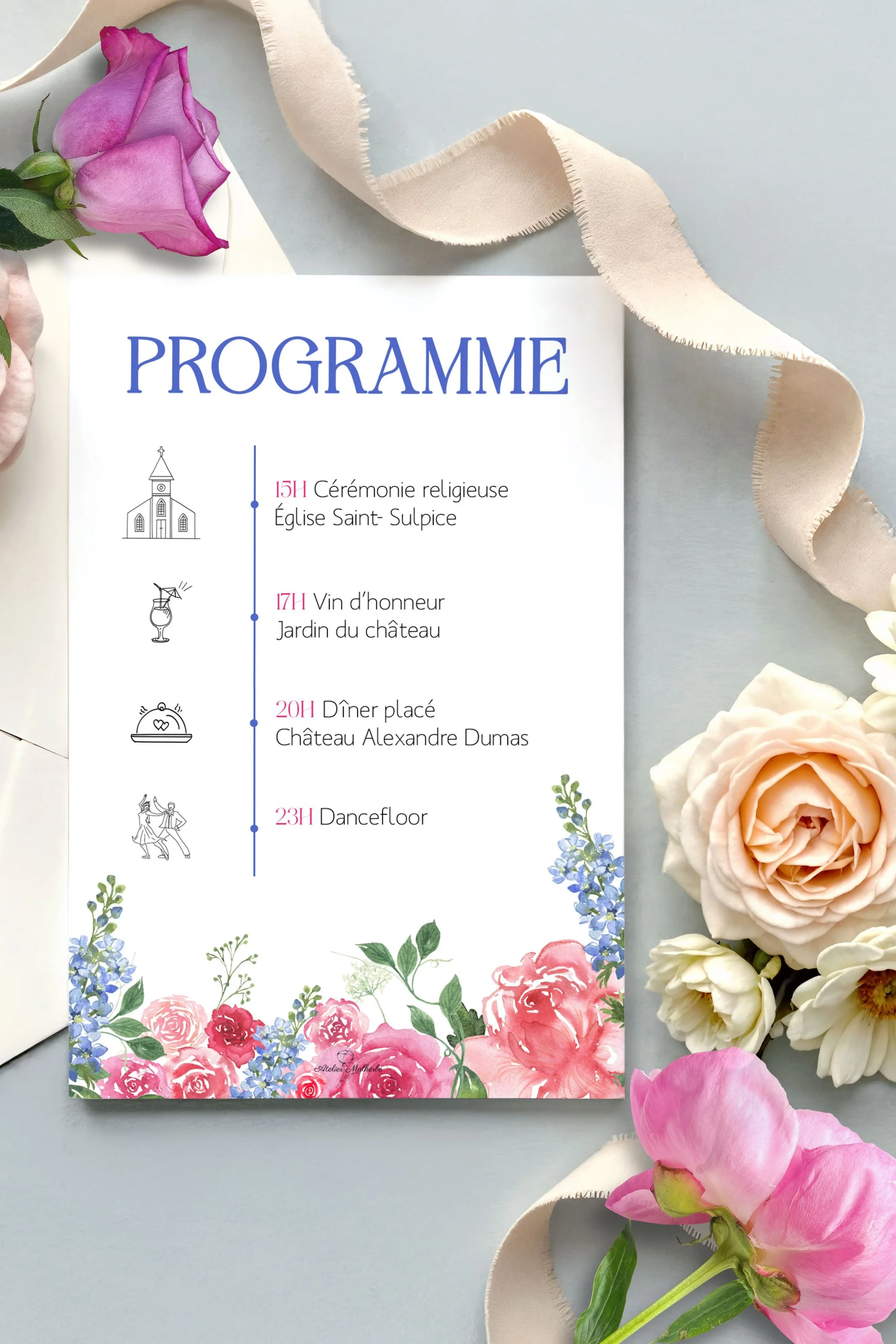 Programme Jour J - 10x15cm - Aquarelle fleurie Palette d'amour