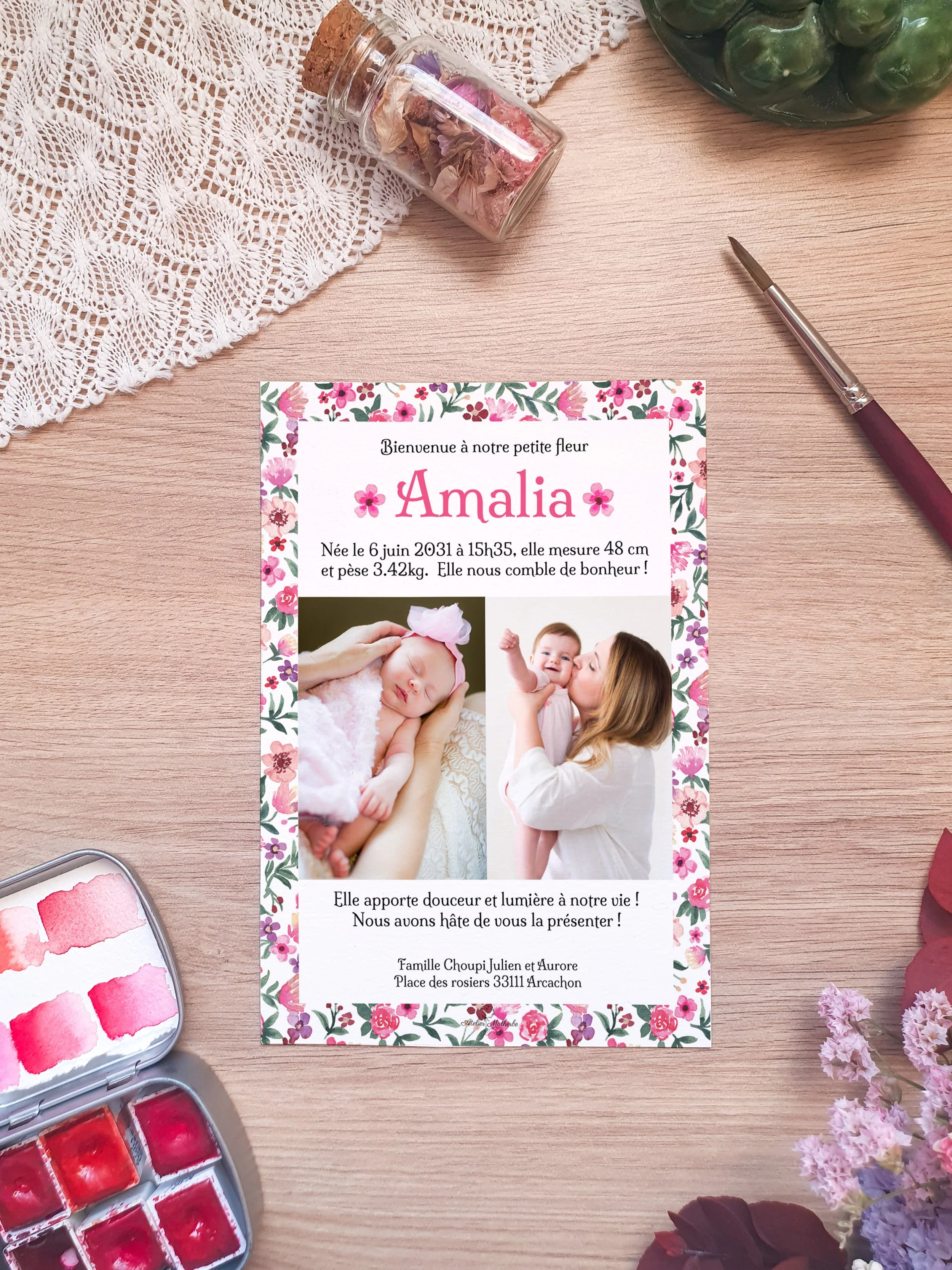 Faire-part de naissance aquarelle motif fleur rose délicat