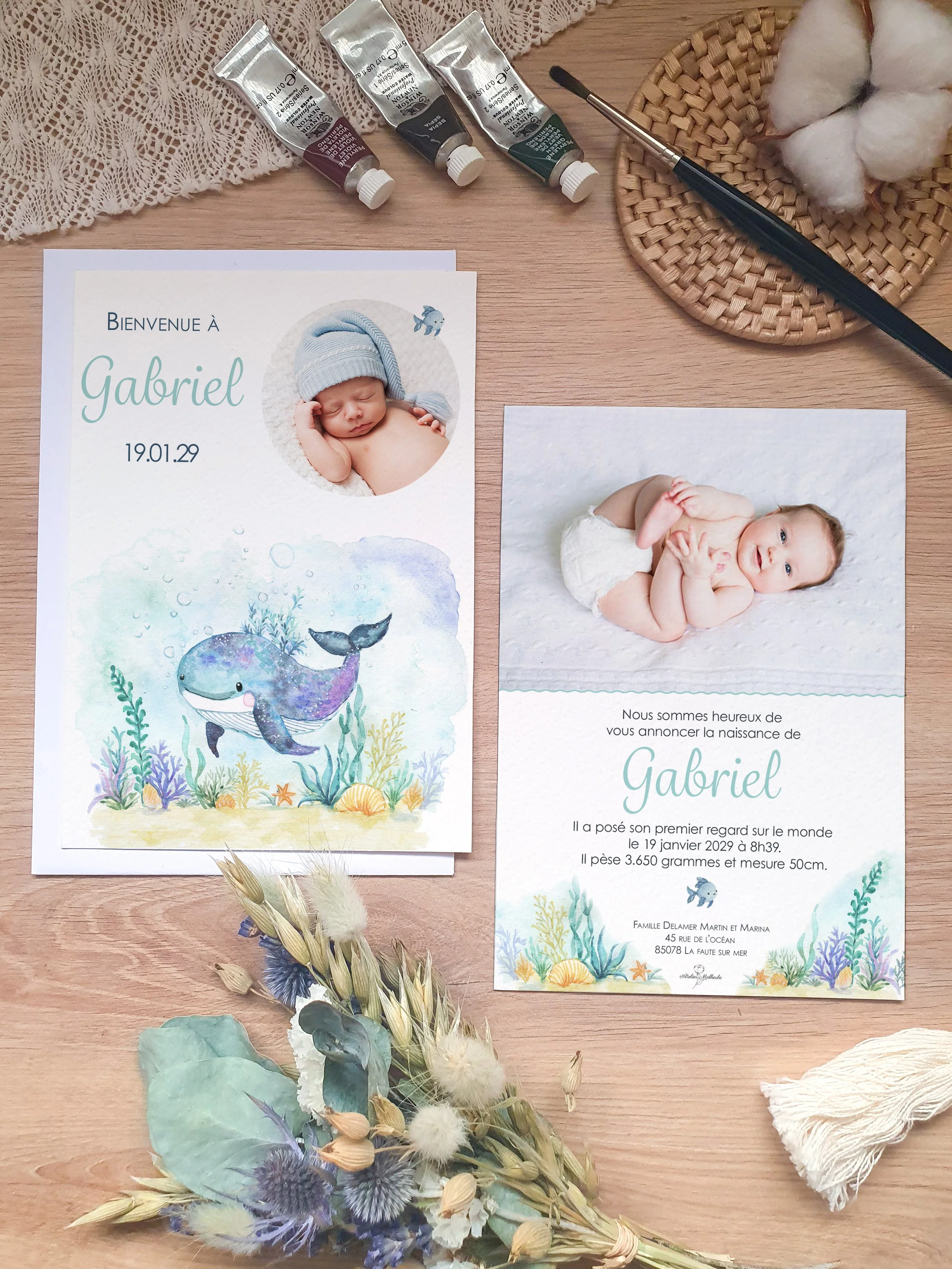 faire part de naissance aquarelle originale bébé baleine mignon