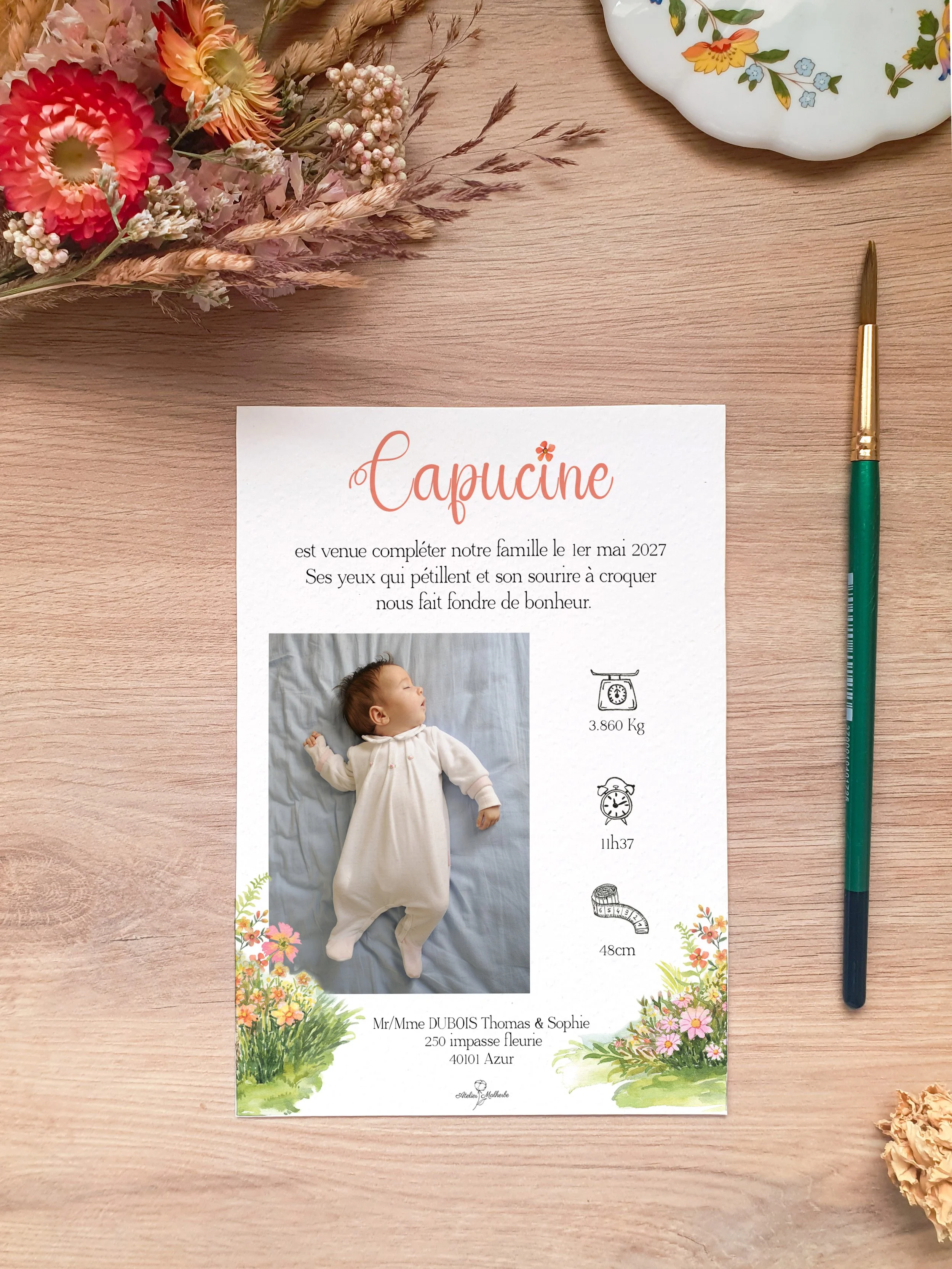 Faire-part de naissance aquarelle original bébé mignon endormi prairie florale