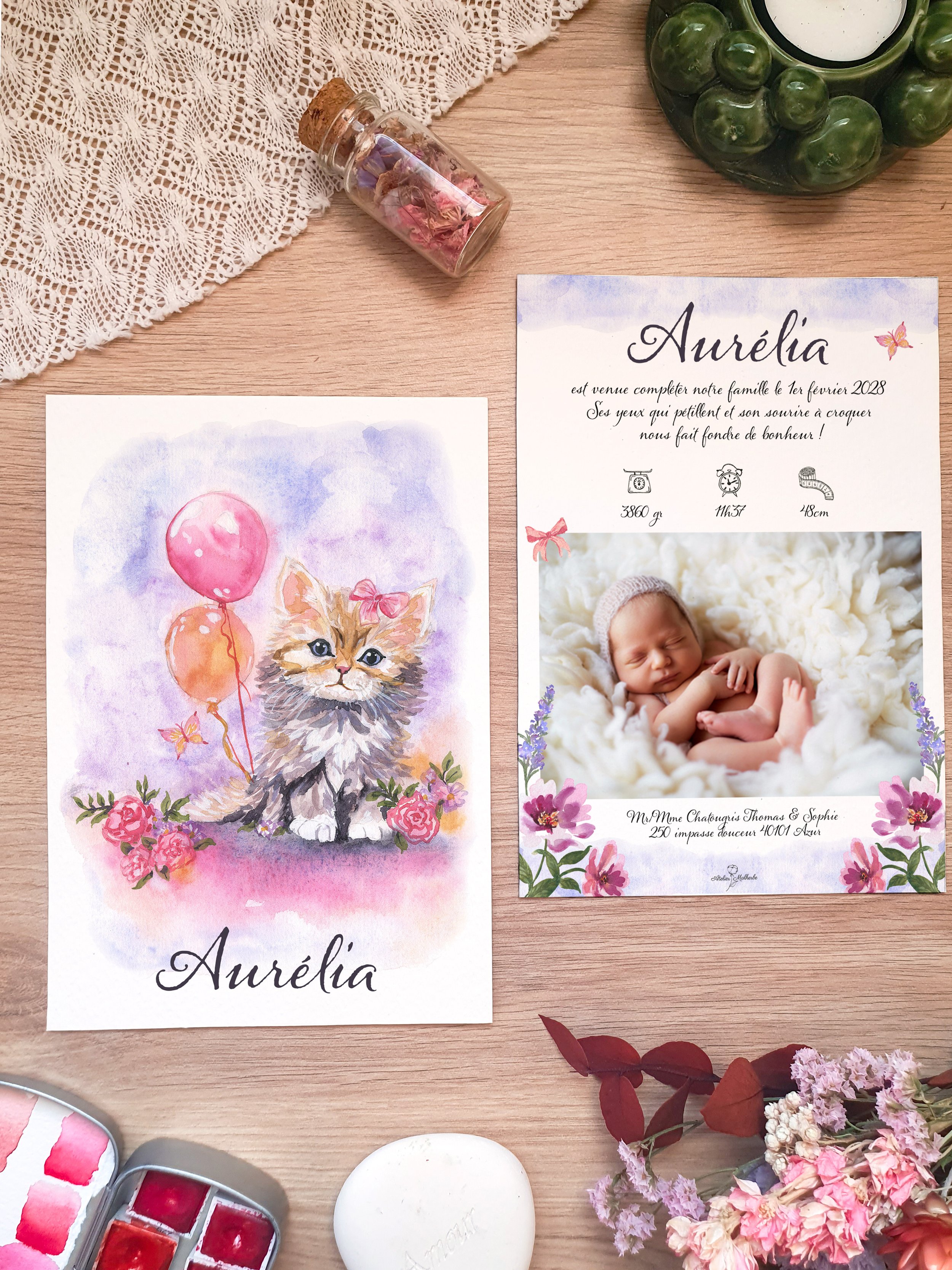 Faire-part de naissance aquarelle bébé chaton mignon