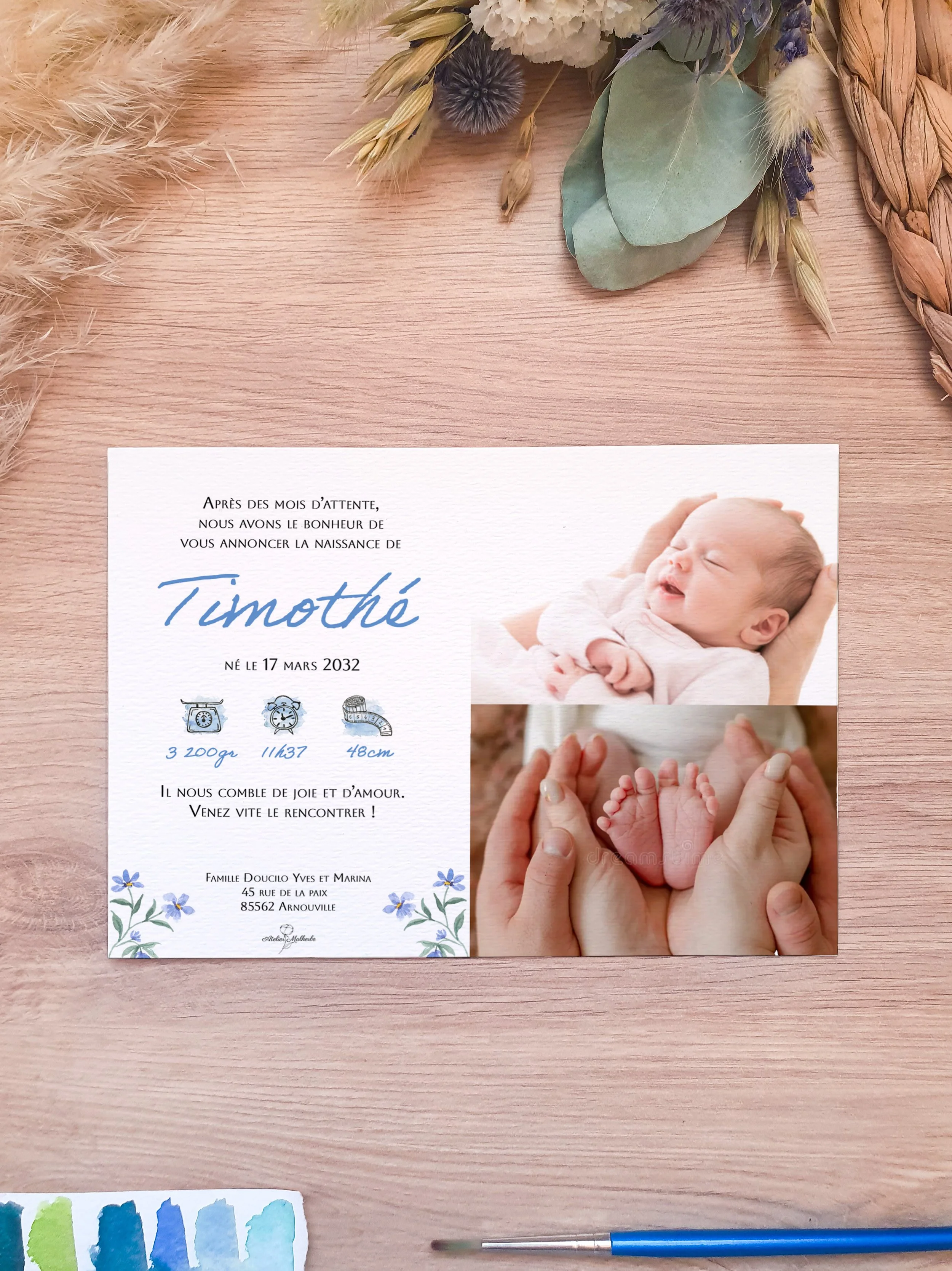 Faire-part de naissance aquarelle minimaliste et moderne avec photo