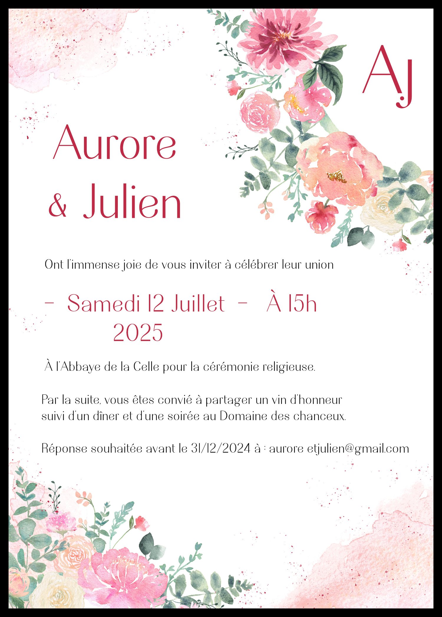 Faire part aquarelle mariage Couronne végétale Eucalyptus pivoines
