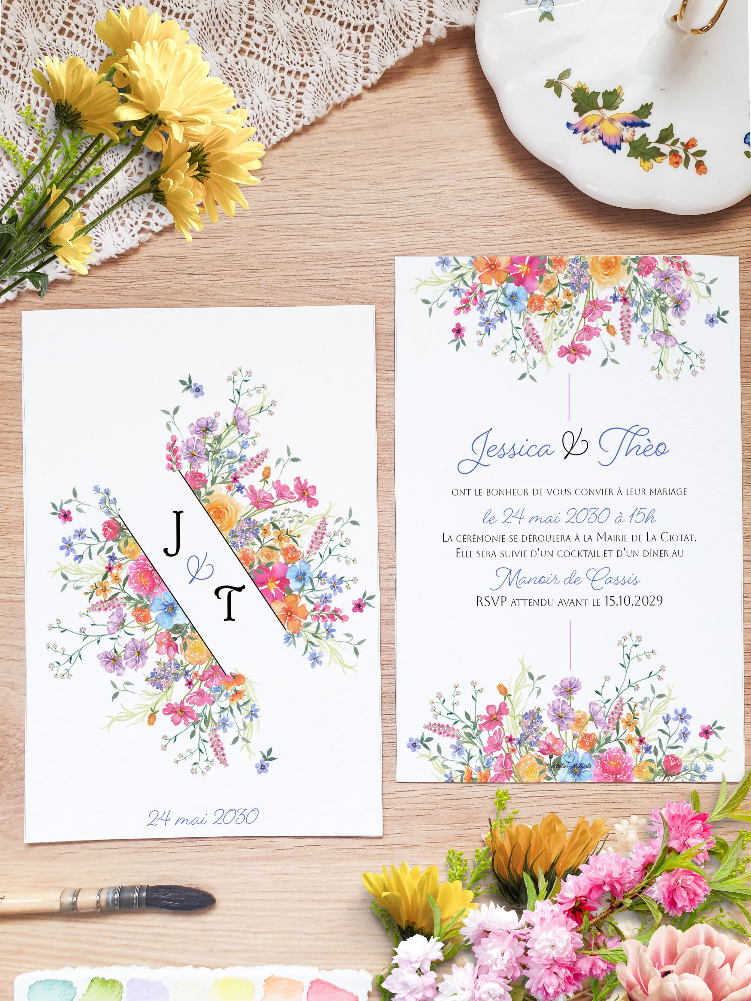 Faire part aquarelle mariage fleurie rêves botaniques
