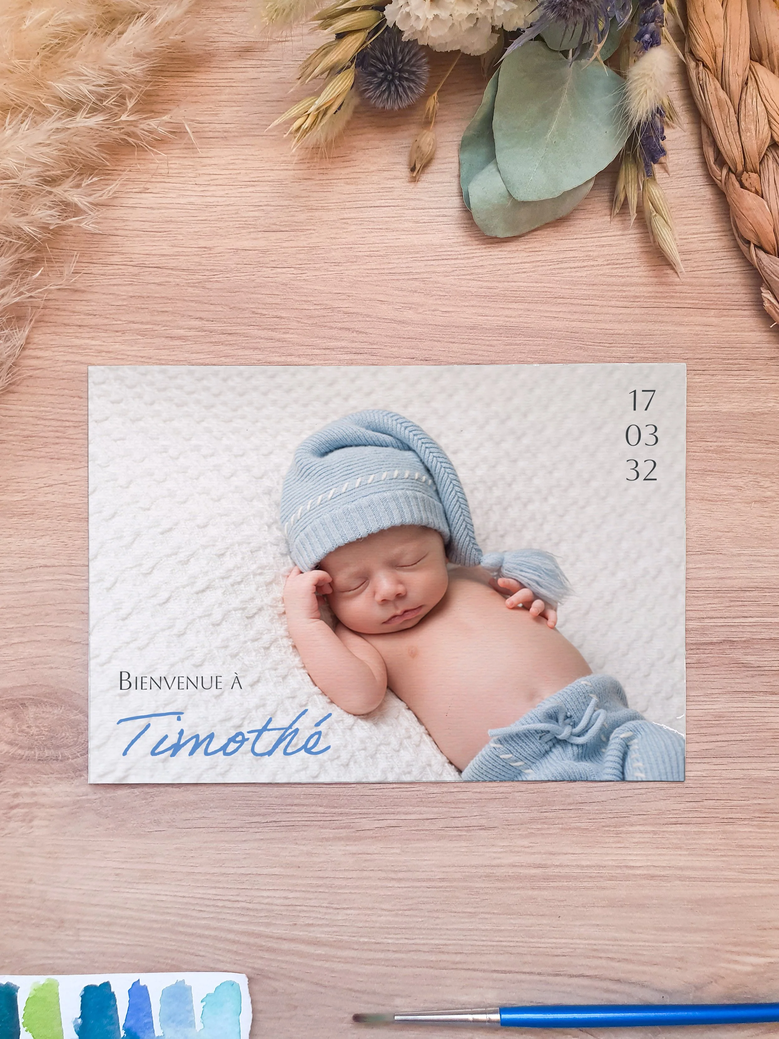 Faire-part de naissance aquarelle minimaliste et moderne avec photo