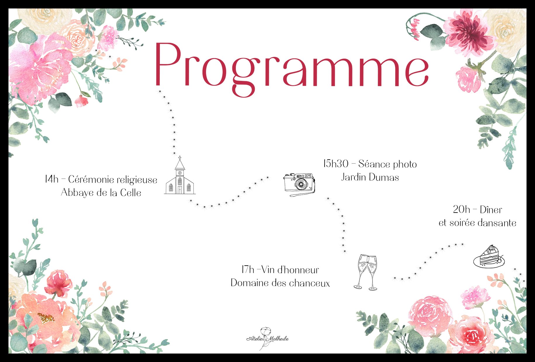 Carte Programme Jour J Mariage Aquarelle Couronne végétale Eucalyptus pivoines