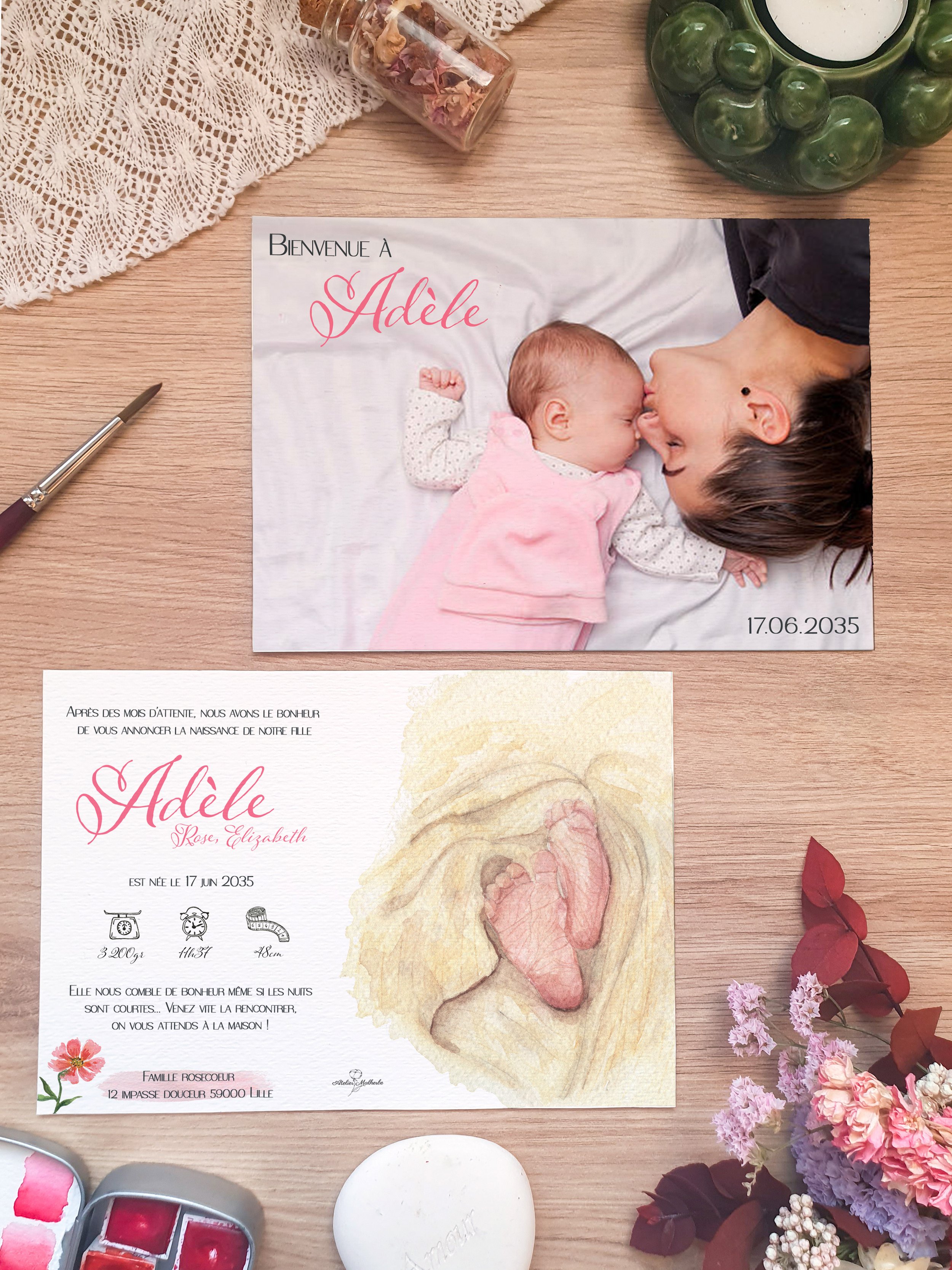 Faire-part de naissance aquarelle petits pieds et aquarelle douce