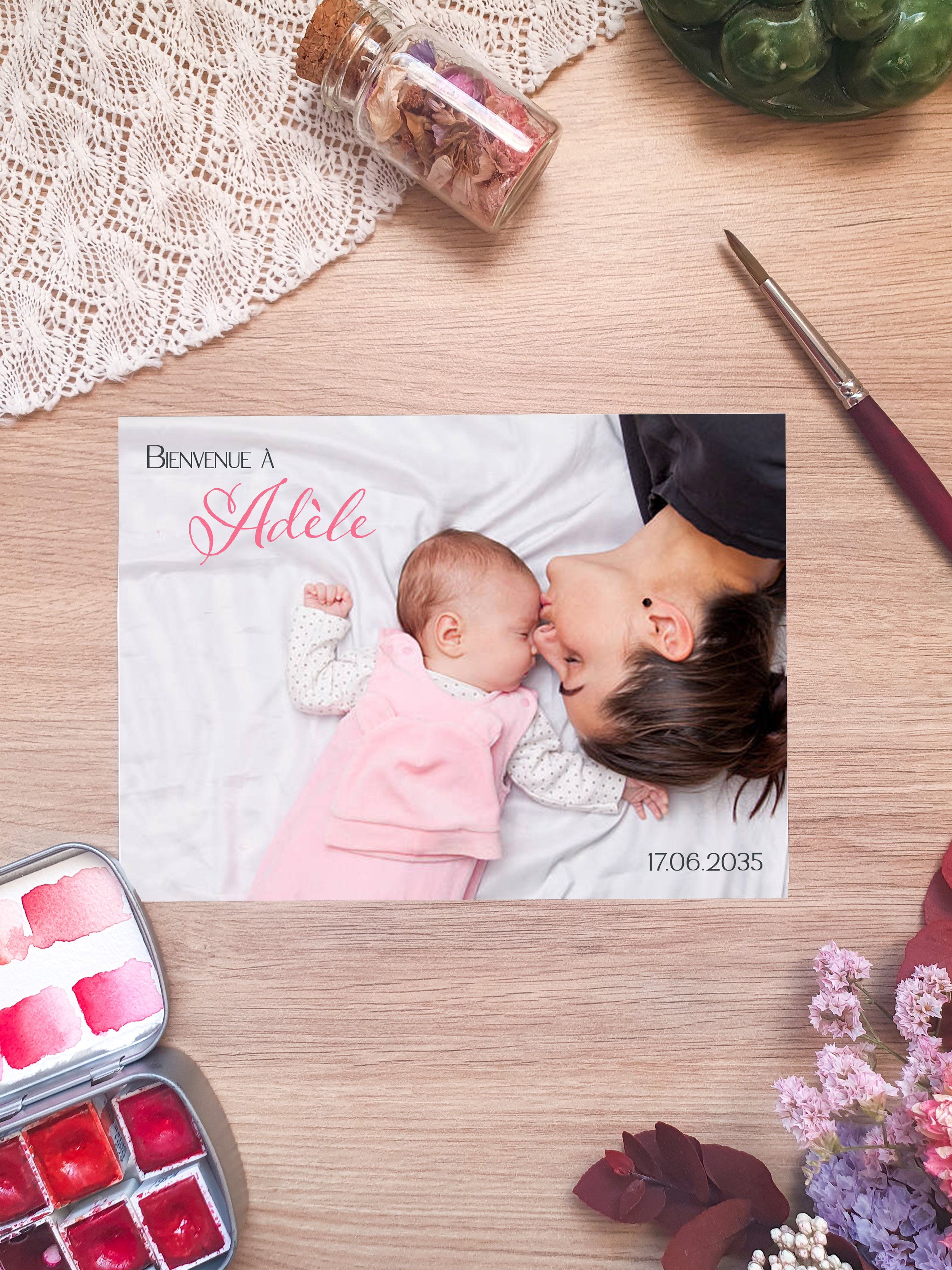 Faire-part de naissance aquarelle petits pieds et aquarelle douce
